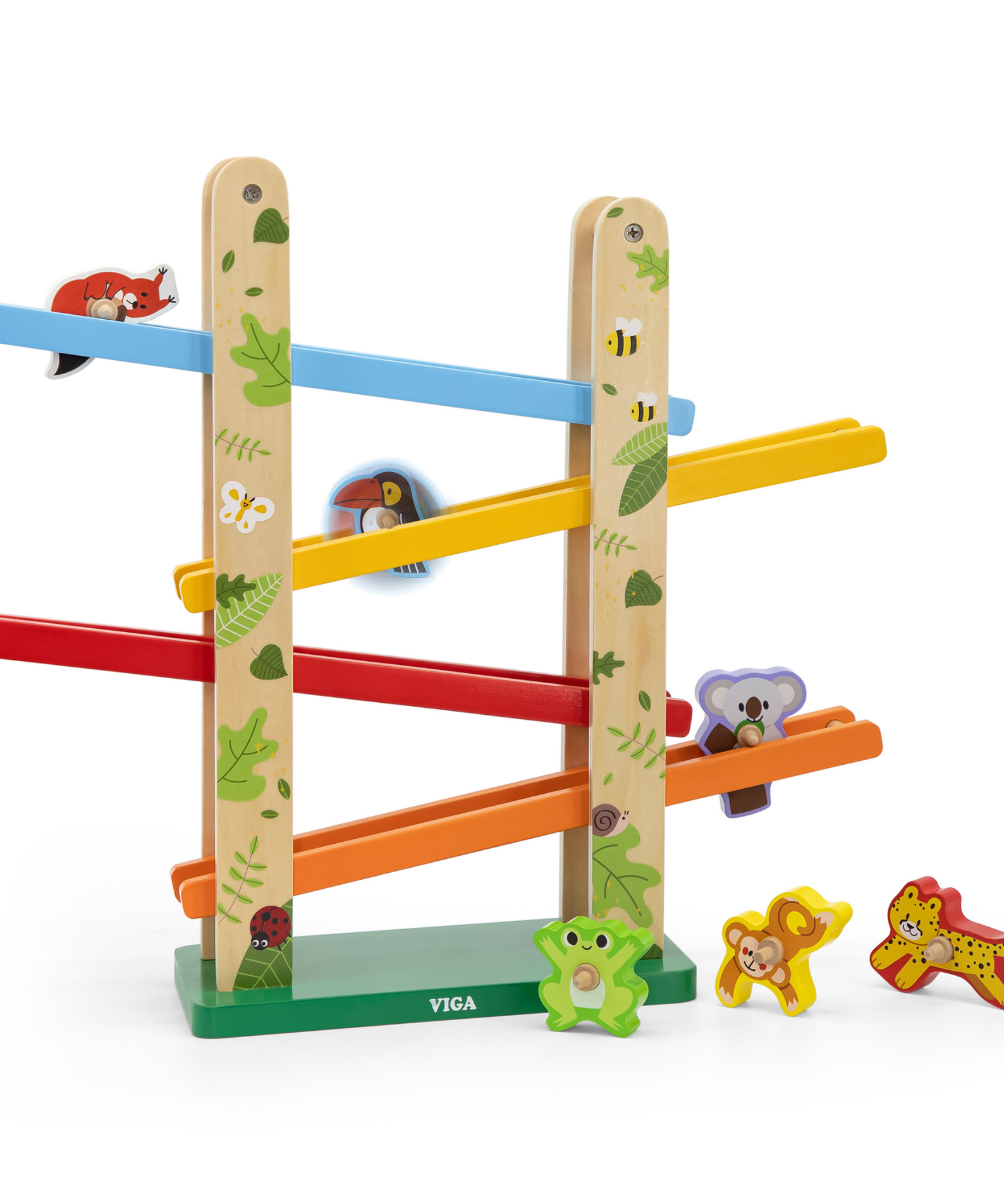 VIGA Jungle Slider Wooden Toy  Four-Level Animal Slide with Spinning Blocks  Educational Motor Skills Development Toy for Toddlers and Preschoolers