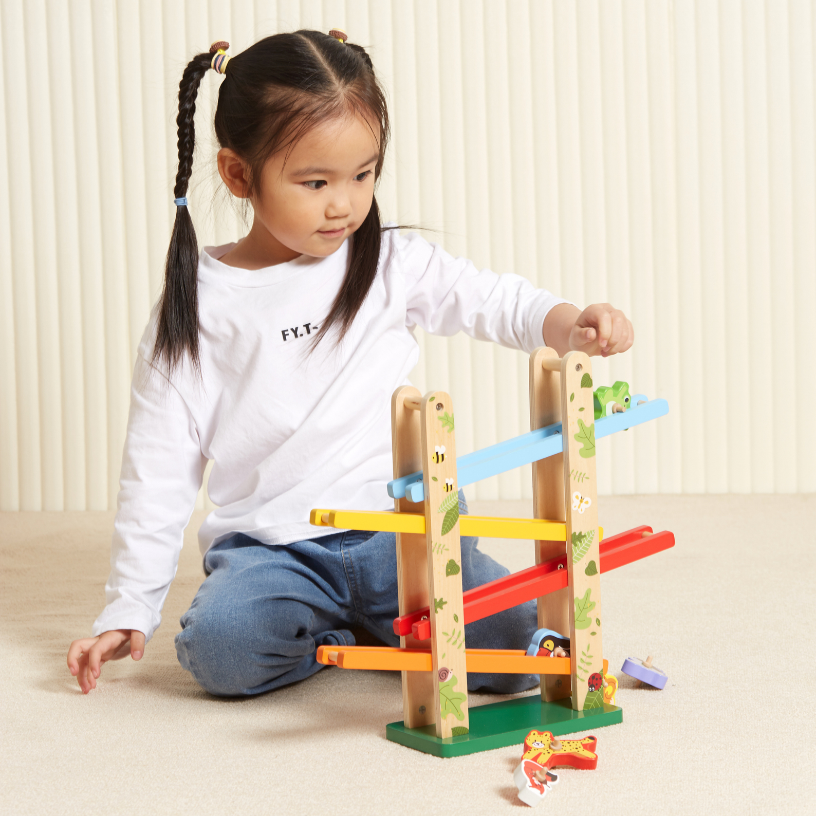 VIGA Jungle Slider Wooden Toy  Four-Level Animal Slide with Spinning Blocks  Educational Motor Skills Development Toy for Toddlers and Preschoolers