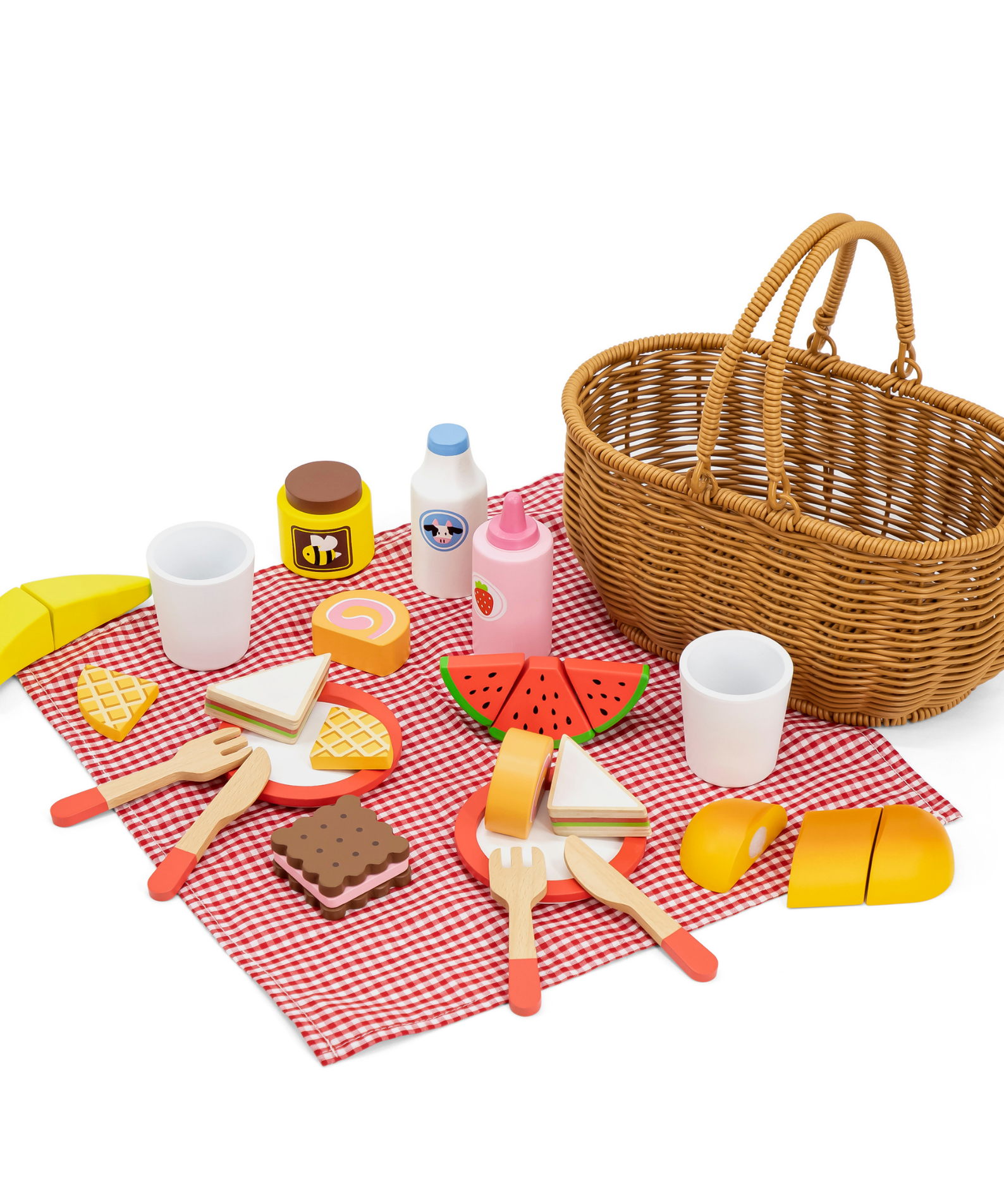 VIGA Picnic Set with Basket  30-Piece Wooden Toy Food and Accessories for Role Play  Durable and Safe for Toddlers and Preschoolers