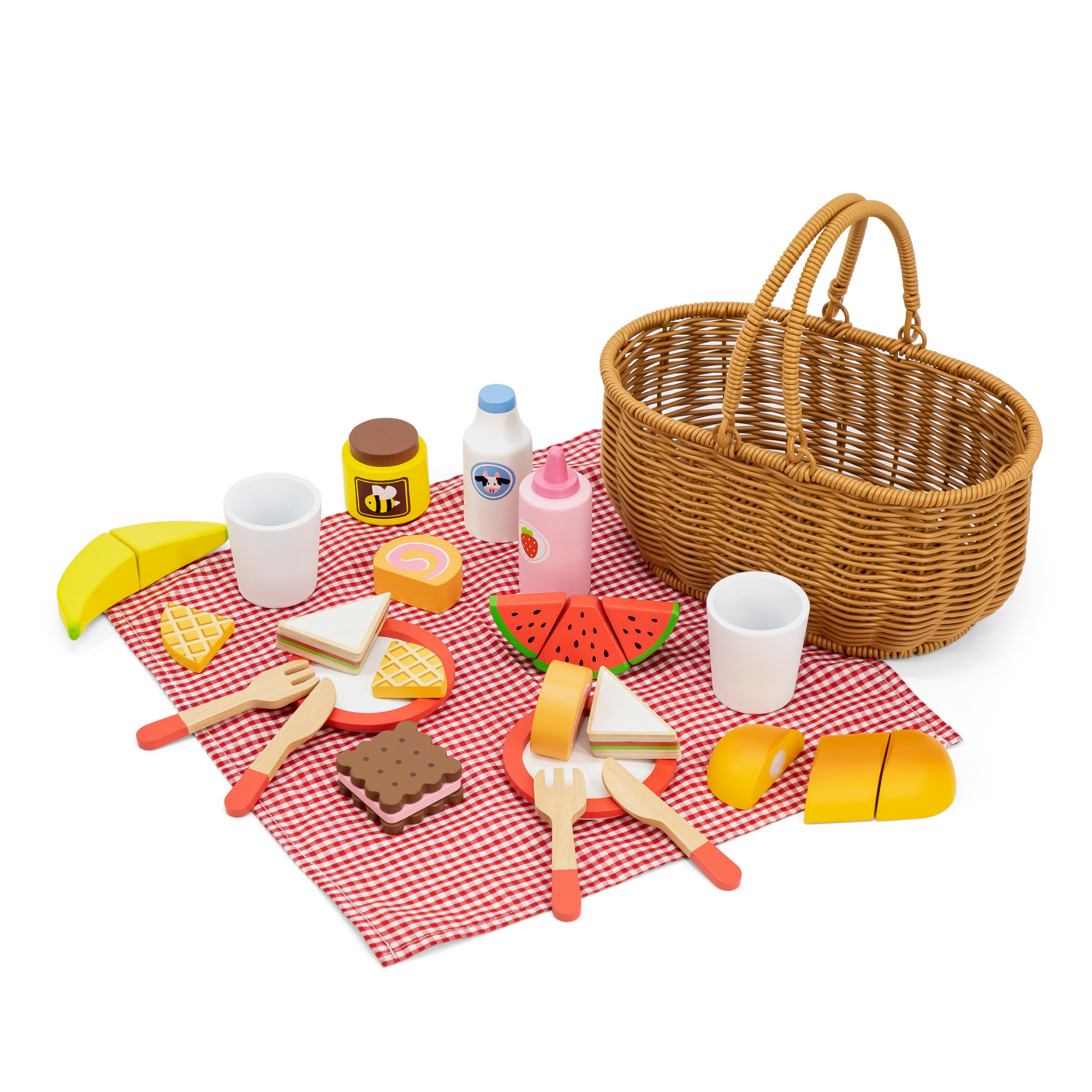 VIGA Picnic Set with Basket  30-Piece Wooden Toy Food and Accessories for Role Play  Durable and Safe for Toddlers and Preschoolers