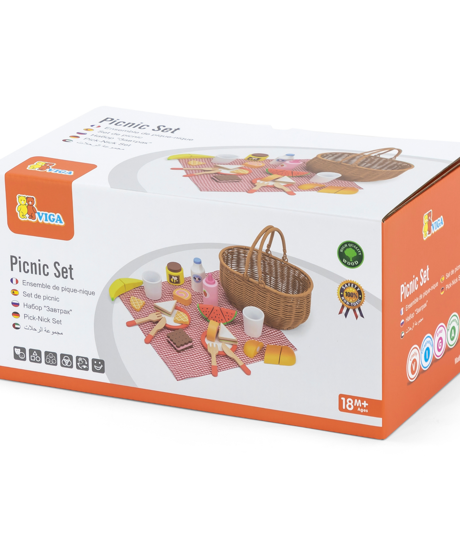VIGA Picnic Set with Basket  30-Piece Wooden Toy Food and Accessories for Role Play  Durable and Safe for Toddlers and Preschoolers