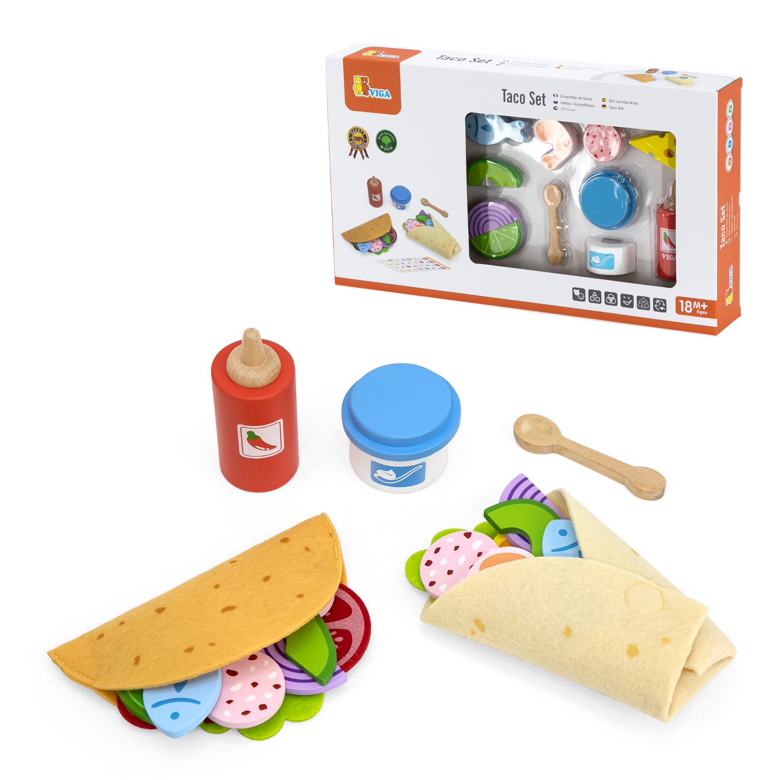 VIGA Taco Set  27-Piece Wooden Food Role Play Toy with Felt Tortilla and Accessories  Safe and Educational for Toddlers and Preschoolers