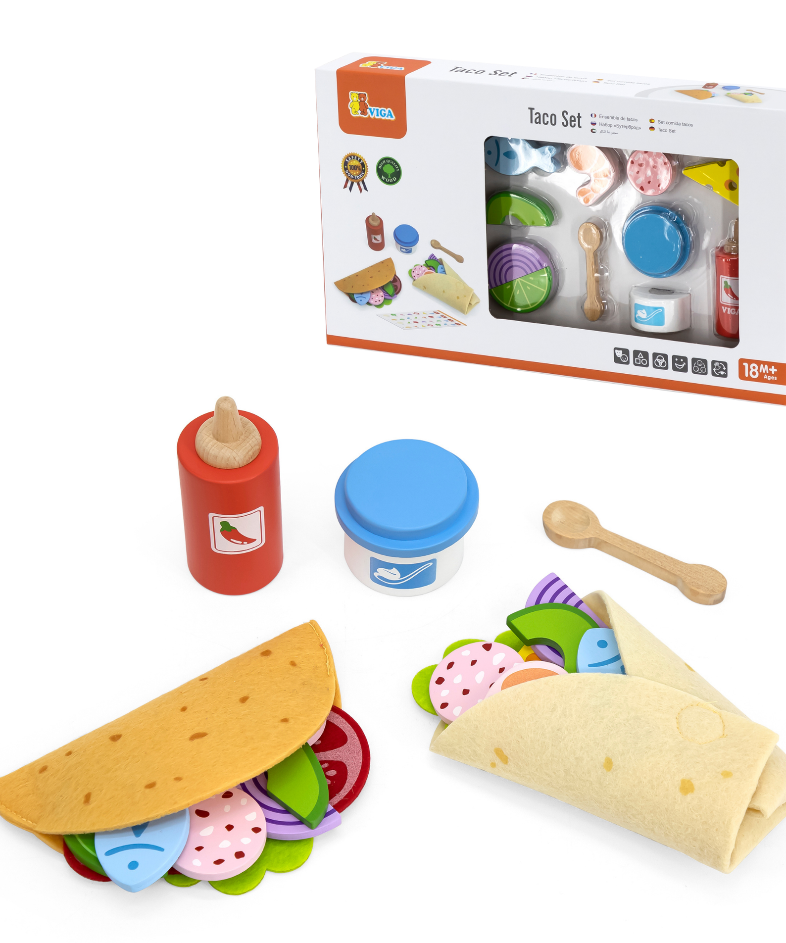 VIGA Taco Set  27-Piece Wooden Food Role Play Toy with Felt Tortilla and Accessories  Safe and Educational for Toddlers and Preschoolers