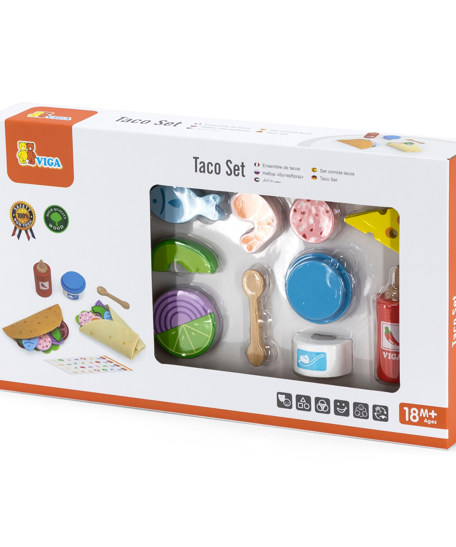 VIGA Taco Set  27-Piece Wooden Food Role Play Toy with Felt Tortilla and Accessories  Safe and Educational for Toddlers and Preschoolers