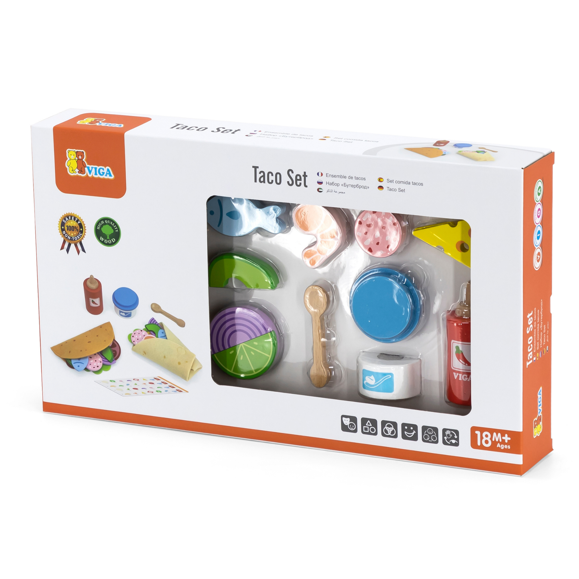 VIGA Taco Set  27-Piece Wooden Food Role Play Toy with Felt Tortilla and Accessories  Safe and Educational for Toddlers and Preschoolers