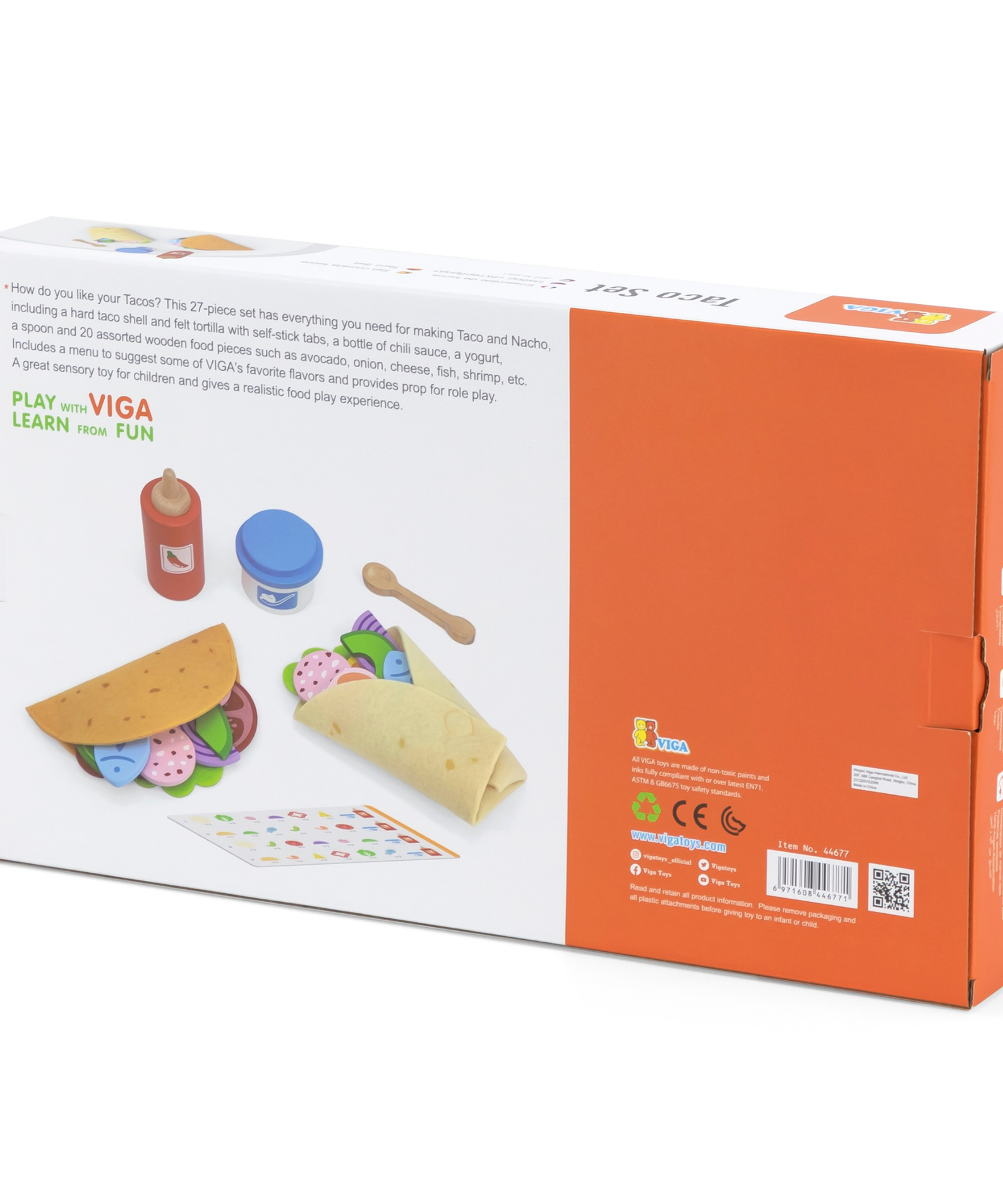 VIGA Taco Set  27-Piece Wooden Food Role Play Toy with Felt Tortilla and Accessories  Safe and Educational for Toddlers and Preschoolers