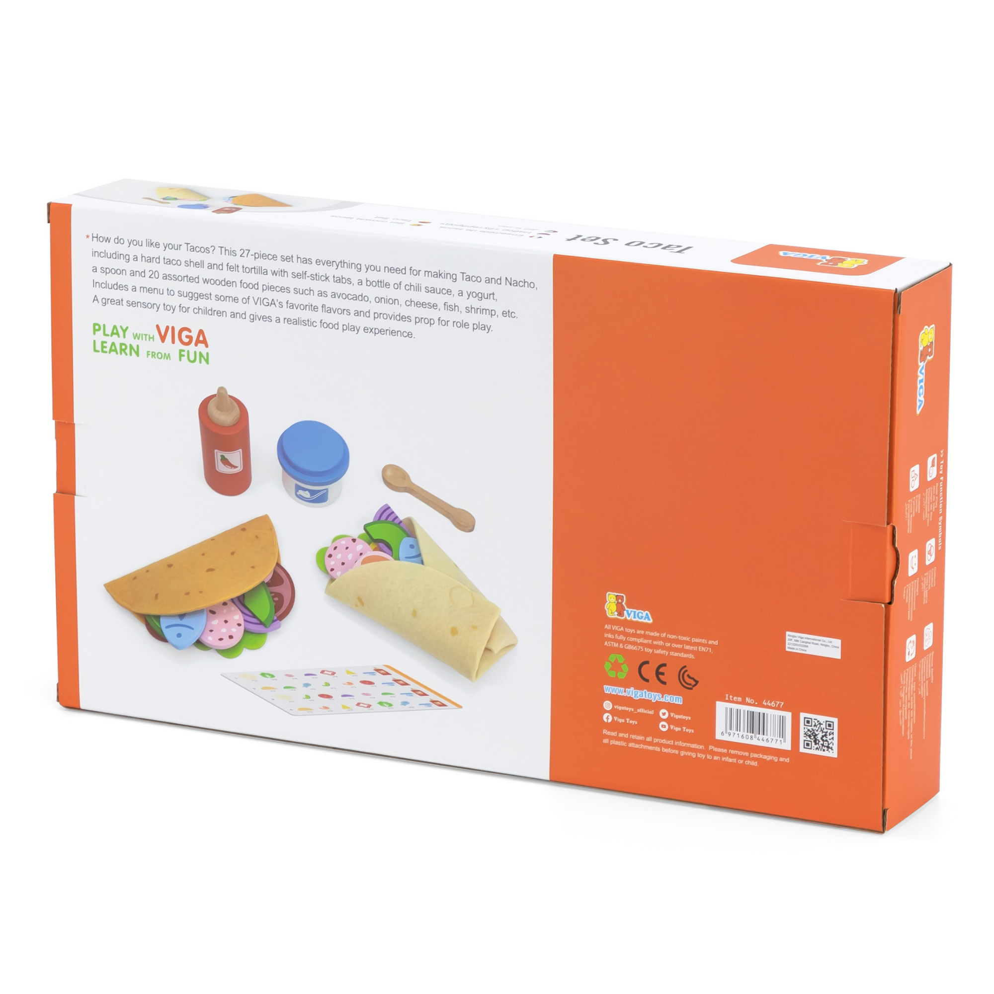 VIGA Taco Set  27-Piece Wooden Food Role Play Toy with Felt Tortilla and Accessories  Safe and Educational for Toddlers and Preschoolers