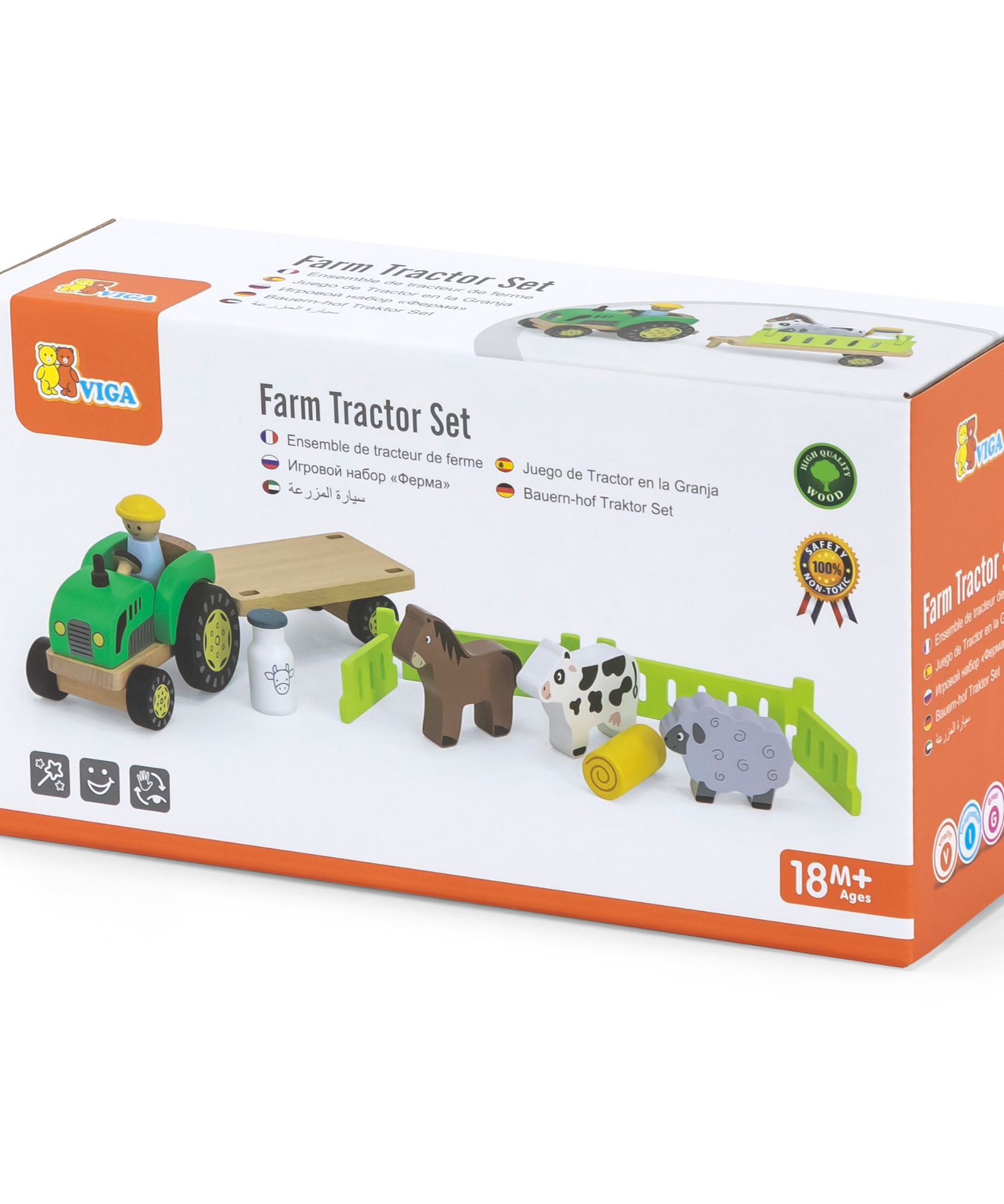 VIGA Farm Tractor Wooden Toy with Animals and Trailer  Educational Roleplay Set for Toddlers and Preschoolers