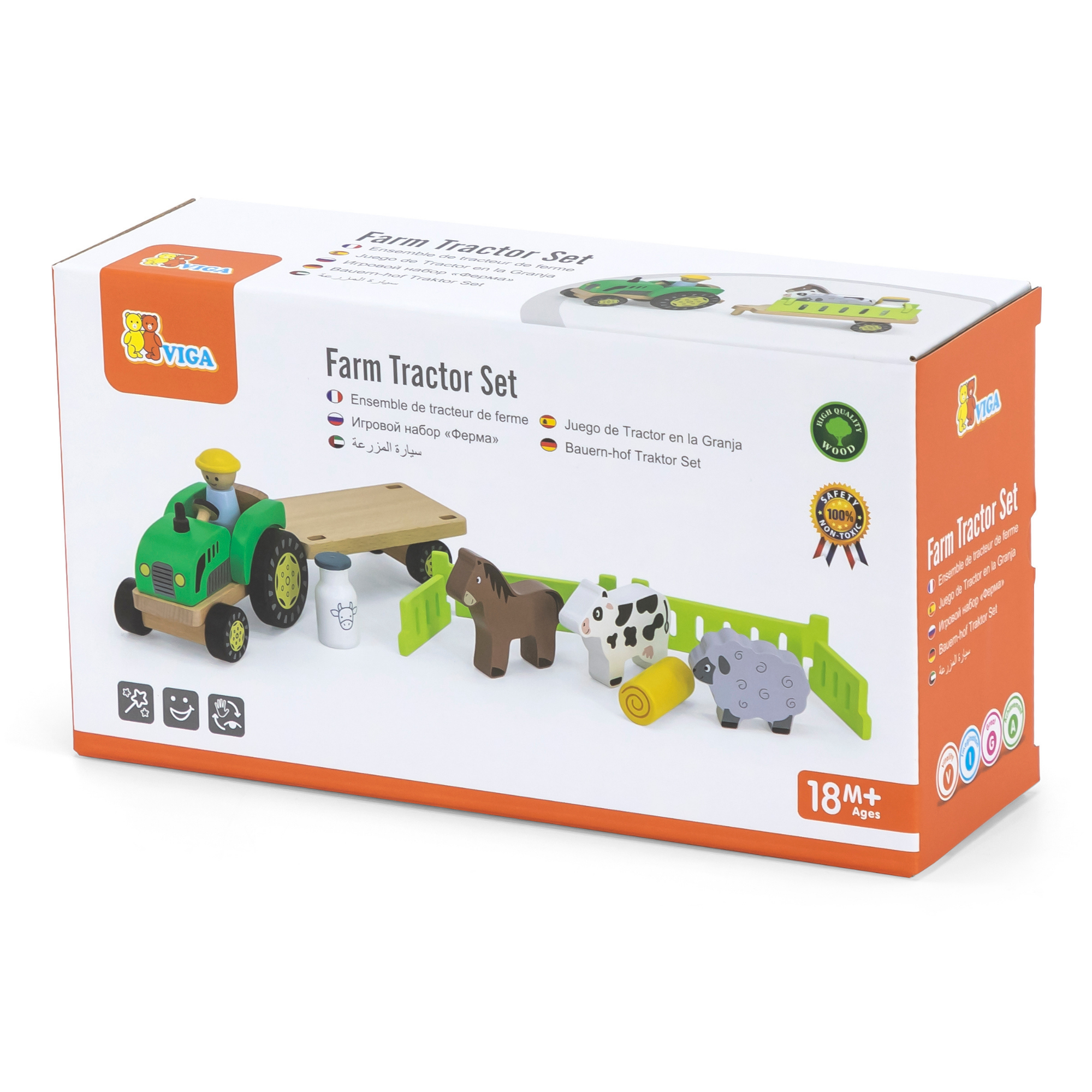 VIGA Farm Tractor Wooden Toy with Animals and Trailer  Educational Roleplay Set for Toddlers and Preschoolers