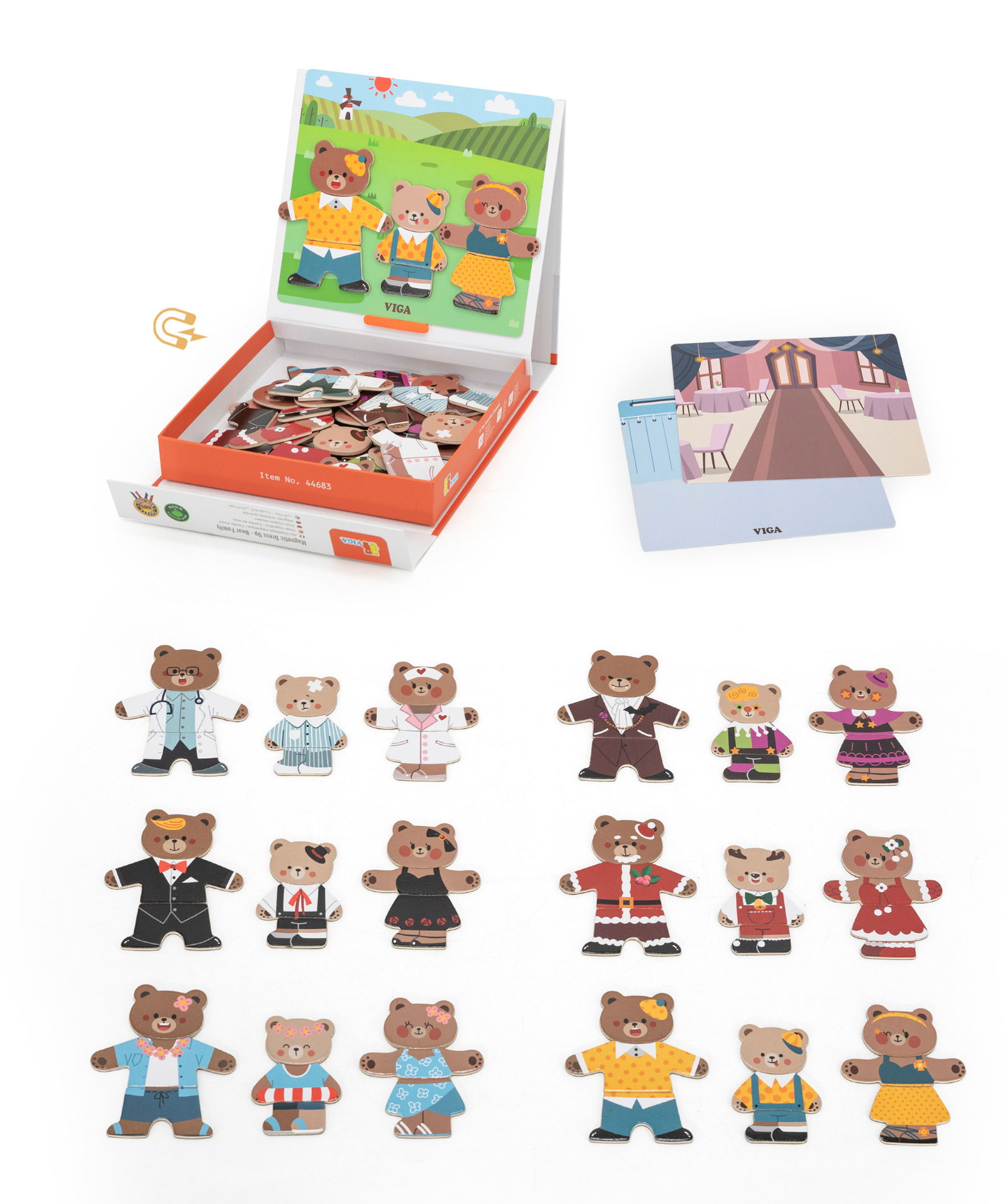 VIGA Magnetic Dress Up Bear Family Toy  Educational Magnetic Puzzle with 54 Pieces for Creative Role Play