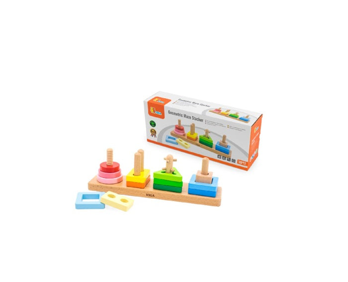 VIGA Wooden Geometric Maze Stacker | Montessori Shape Sorting and Stacking Toy for Kids Age 18 Months+