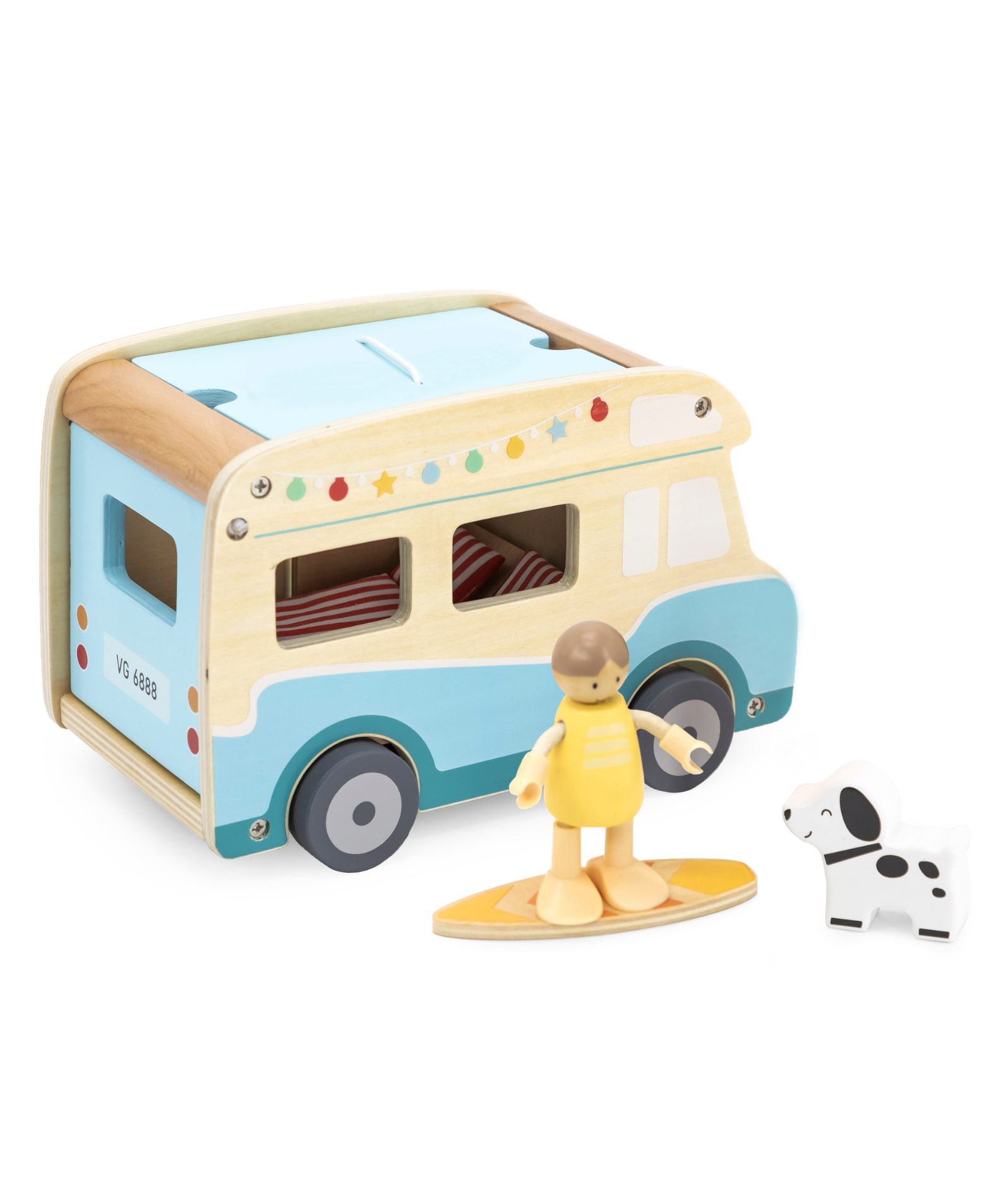 Viga Wooden Camper Van Playset, 12-Piece Montessori-Inspired Beach-Themed Vehicle Toy, Non-Toxic and Eco-Friendly, Encourages Imaginative Role Play and Fine Motor Skills, Suitable for Boys & Girls Ages 3+