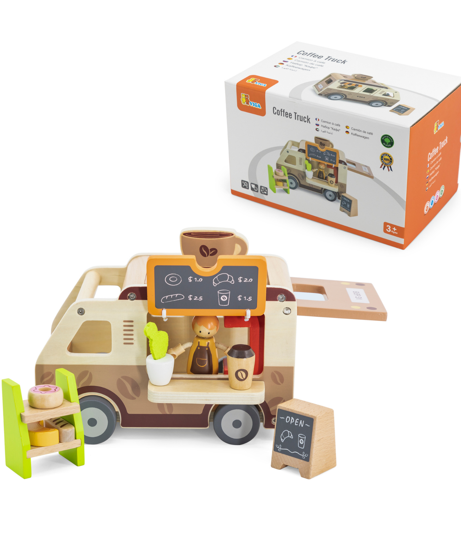 Viga Wooden Coffee Truck Playset, 11-Piece Montessori-Inspired Cafe-Themed Vehicle Toy, Non-Toxic and Eco-Friendly, Encourages Imaginative Role Play and Fine Motor Skills, Suitable for Boys & Girls Ages 3+