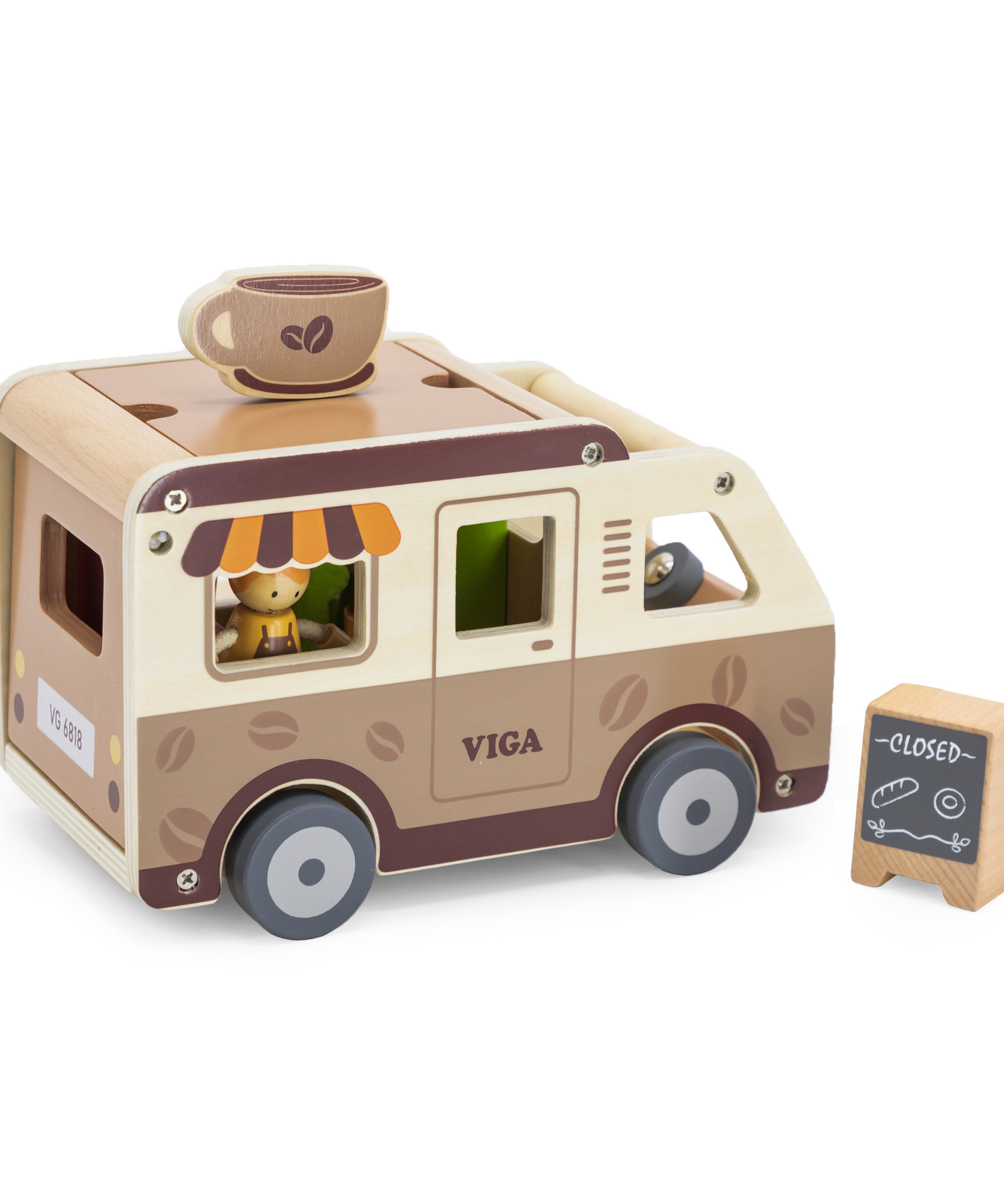 Viga Wooden Coffee Truck Playset, 11-Piece Montessori-Inspired Cafe-Themed Vehicle Toy, Non-Toxic and Eco-Friendly, Encourages Imaginative Role Play and Fine Motor Skills, Suitable for Boys & Girls Ages 3+