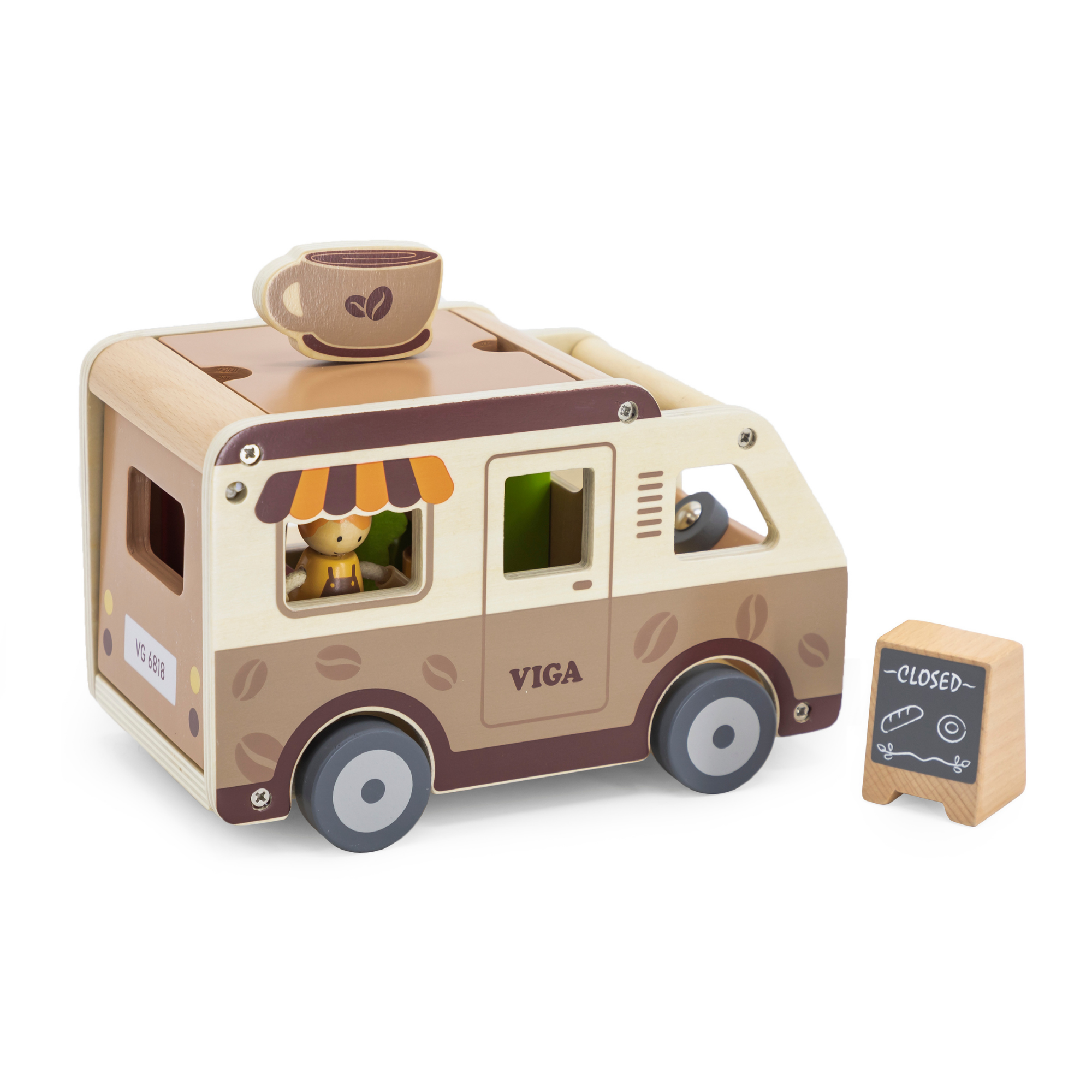 Viga Wooden Coffee Truck Playset, 11-Piece Montessori-Inspired Cafe-Themed Vehicle Toy, Non-Toxic and Eco-Friendly, Encourages Imaginative Role Play and Fine Motor Skills, Suitable for Boys & Girls Ages 3+