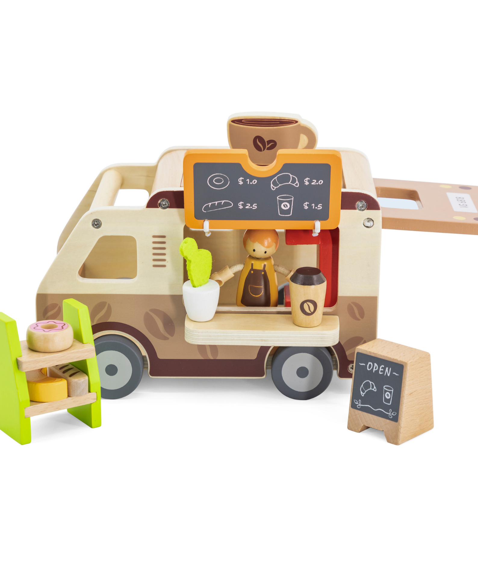 Viga Wooden Coffee Truck Playset, 11-Piece Montessori-Inspired Cafe-Themed Vehicle Toy, Non-Toxic and Eco-Friendly, Encourages Imaginative Role Play and Fine Motor Skills, Suitable for Boys & Girls Ages 3+
