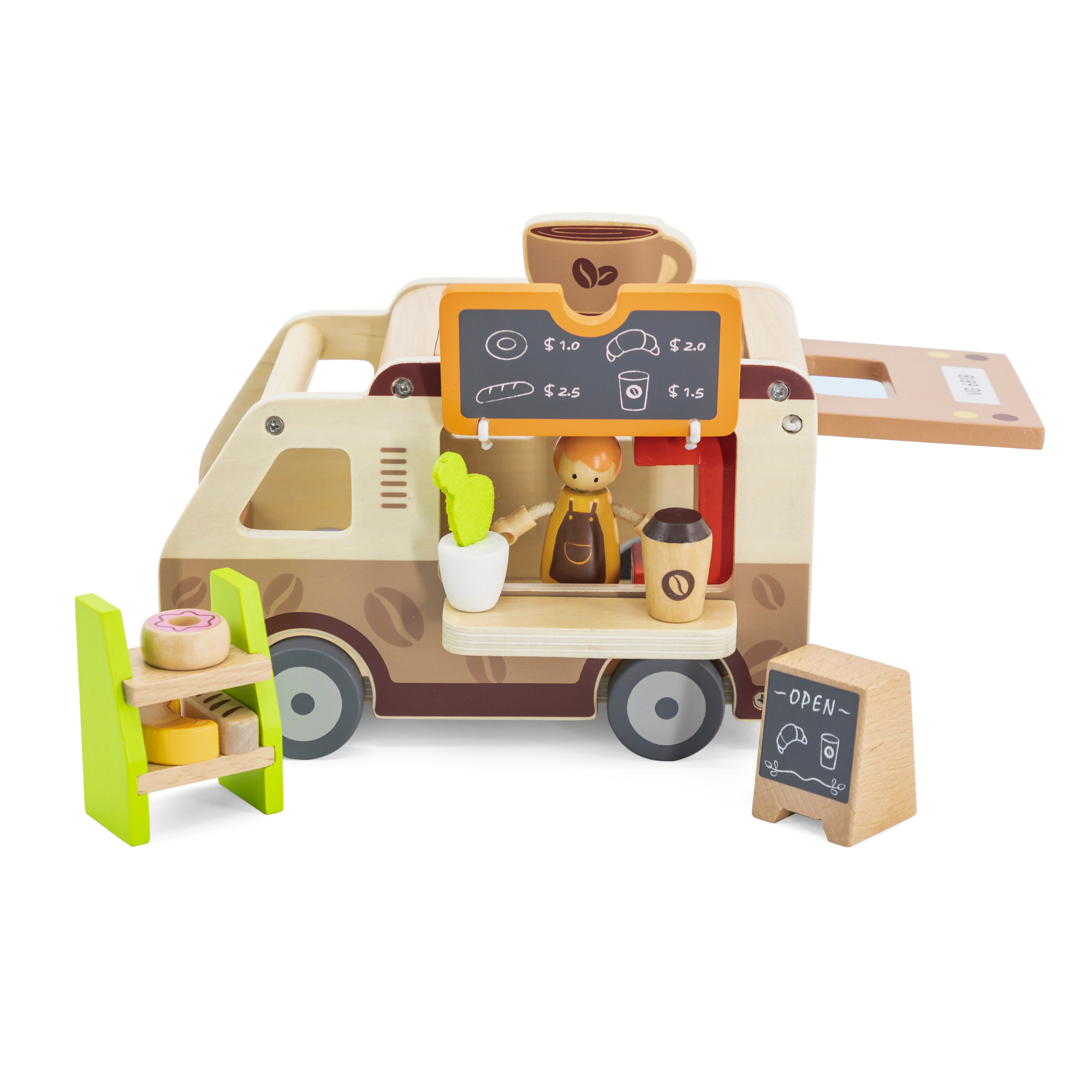Viga Wooden Coffee Truck Playset, 11-Piece Montessori-Inspired Cafe-Themed Vehicle Toy, Non-Toxic and Eco-Friendly, Encourages Imaginative Role Play and Fine Motor Skills, Suitable for Boys & Girls Ages 3+