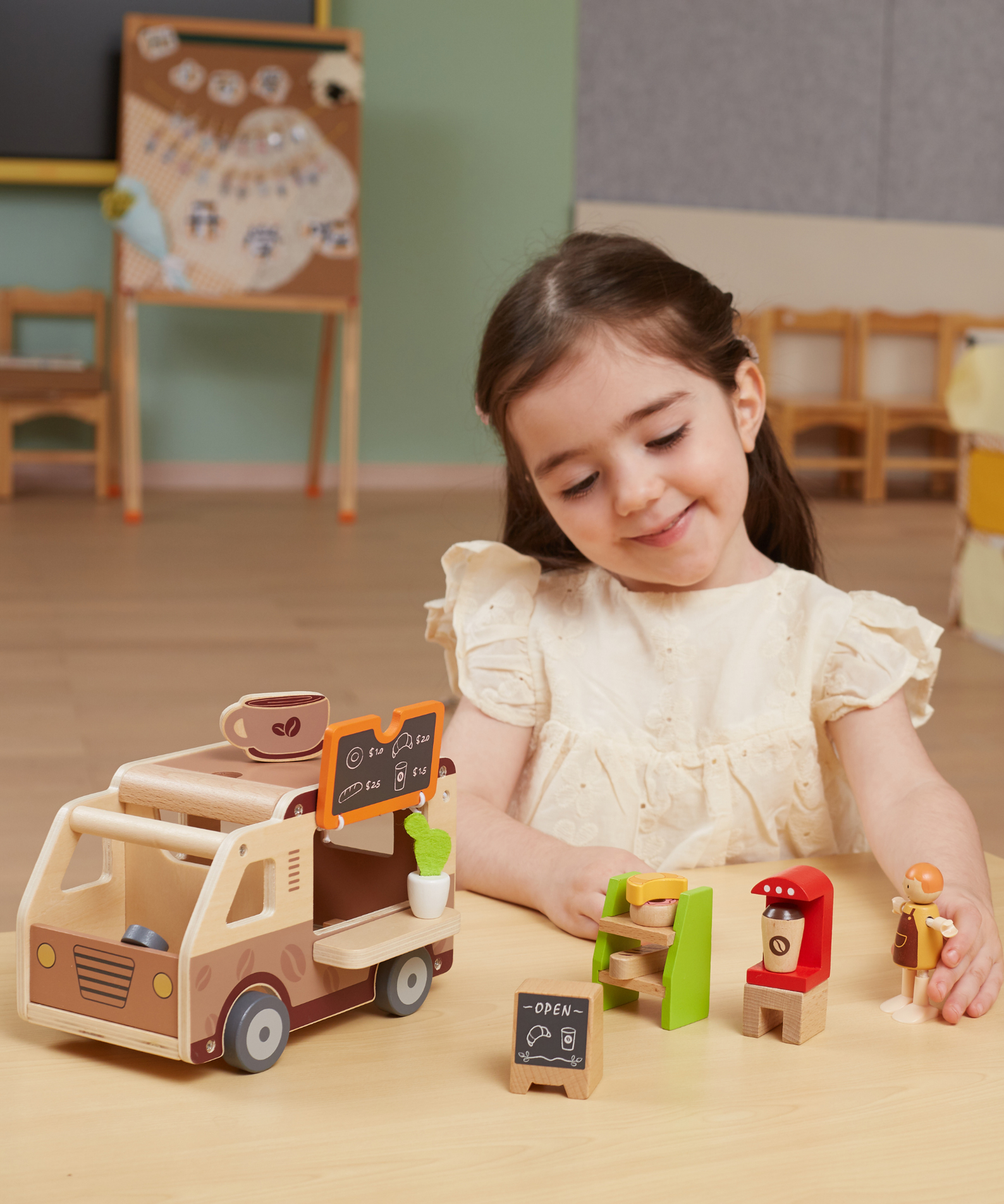 Viga Wooden Coffee Truck Playset, 11-Piece Montessori-Inspired Cafe-Themed Vehicle Toy, Non-Toxic and Eco-Friendly, Encourages Imaginative Role Play and Fine Motor Skills, Suitable for Boys & Girls Ages 3+