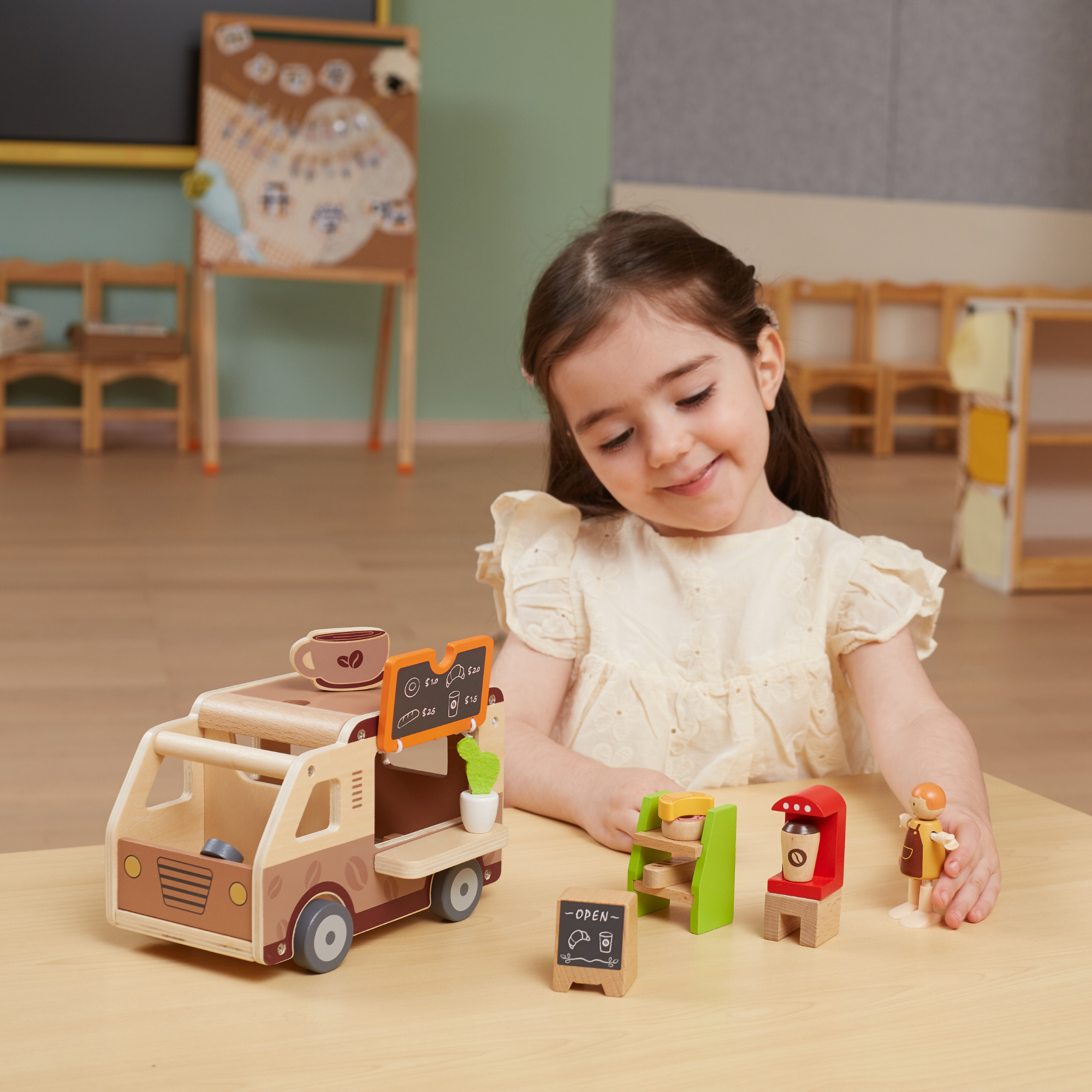Viga Wooden Coffee Truck Playset, 11-Piece Montessori-Inspired Cafe-Themed Vehicle Toy, Non-Toxic and Eco-Friendly, Encourages Imaginative Role Play and Fine Motor Skills, Suitable for Boys & Girls Ages 3+