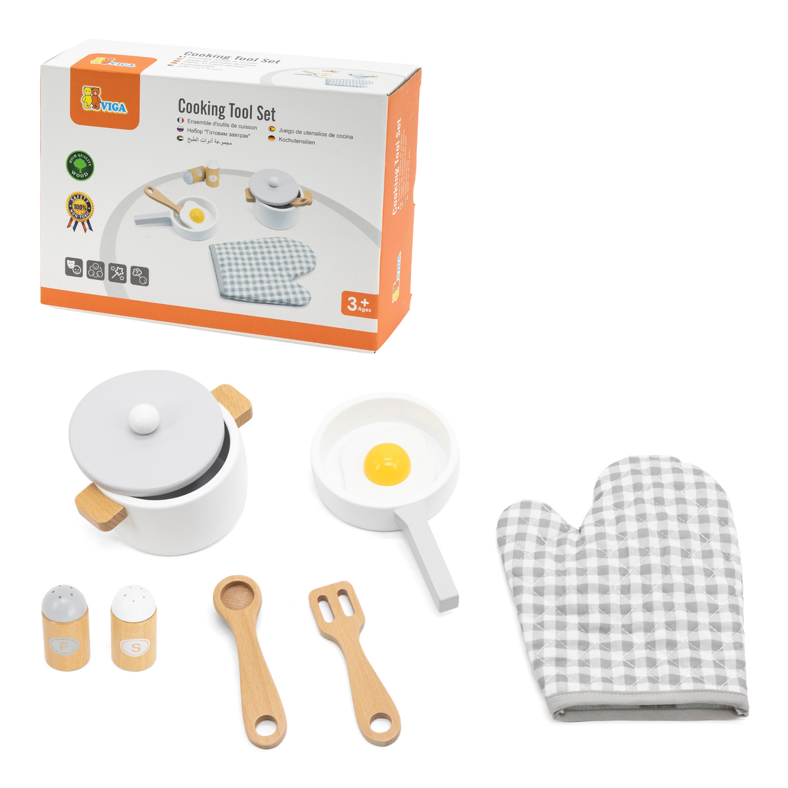 VIGA Wooden Cooking Tool Set - Grey for Kids Ages 3 and Up  Roleplay Kitchen Accessories for Early Learning and Creative Play