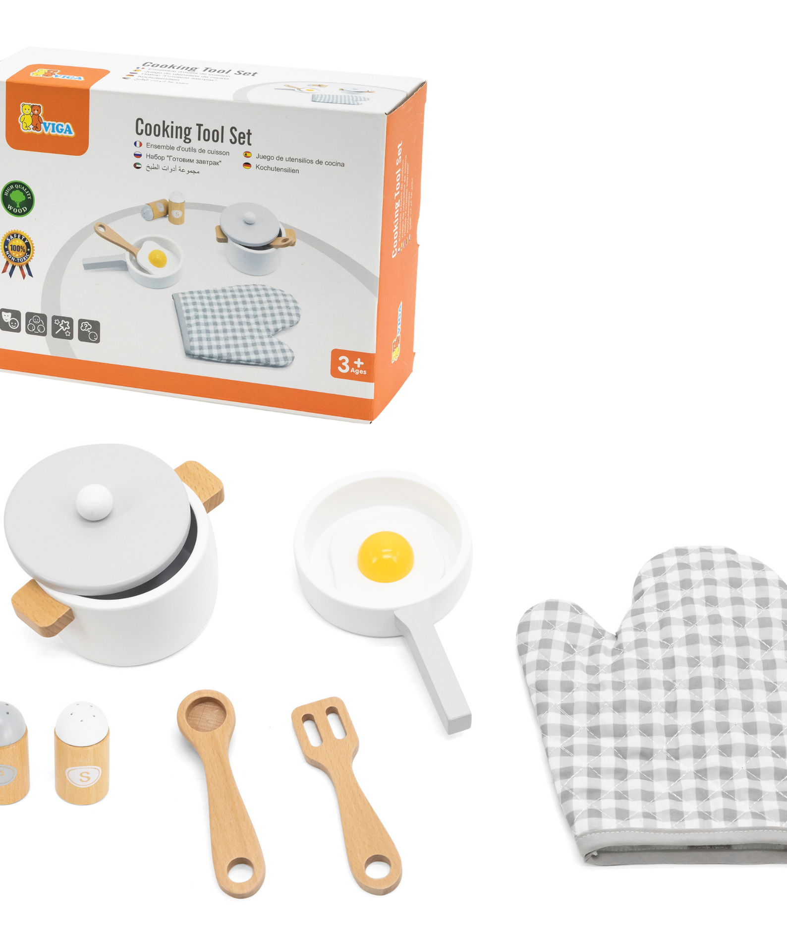 VIGA Wooden Cooking Tool Set - Grey for Kids Ages 3 and Up  Roleplay Kitchen Accessories for Early Learning and Creative Play
