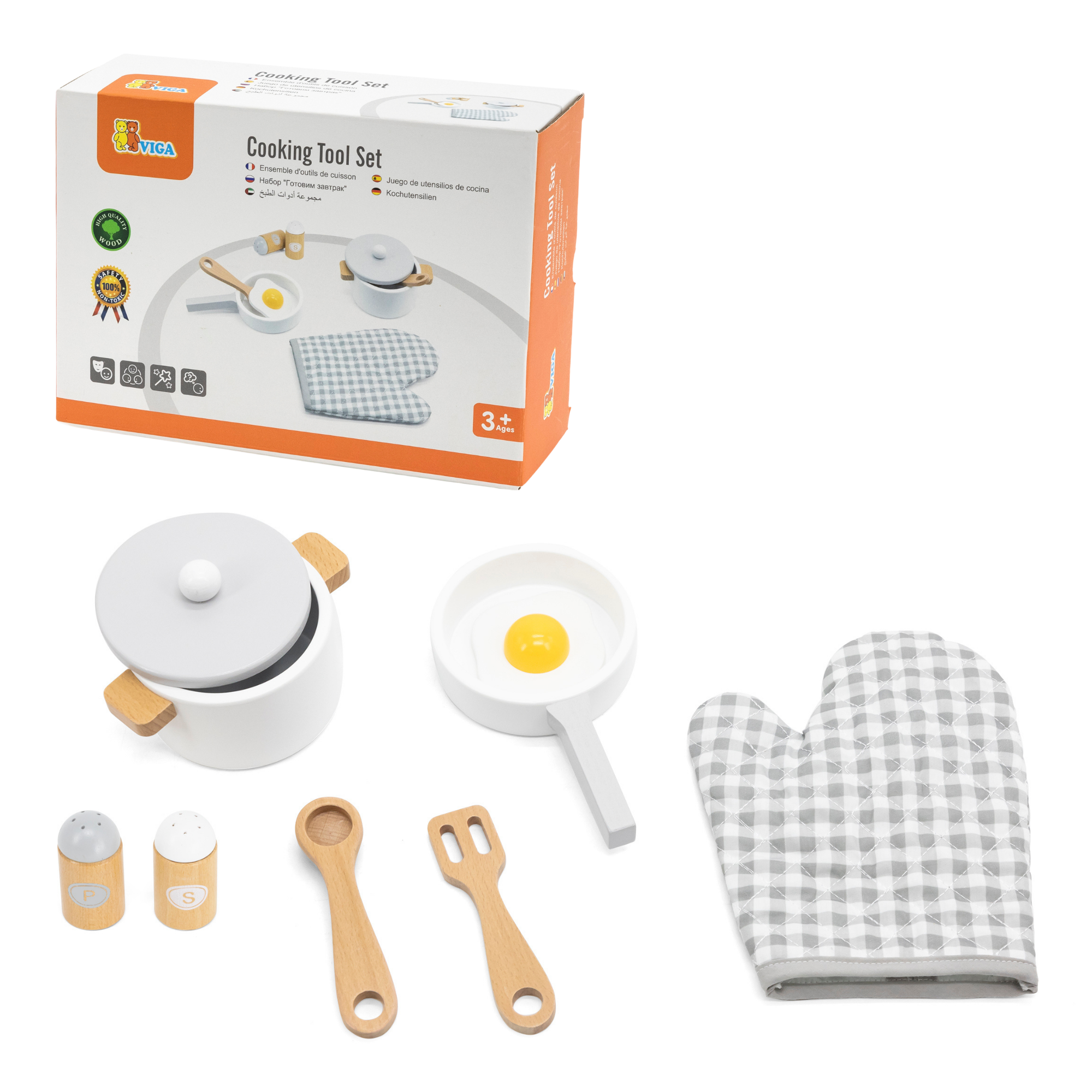 VIGA Wooden Cooking Tool Set - Grey for Kids Ages 3 and Up  Roleplay Kitchen Accessories for Early Learning and Creative Play