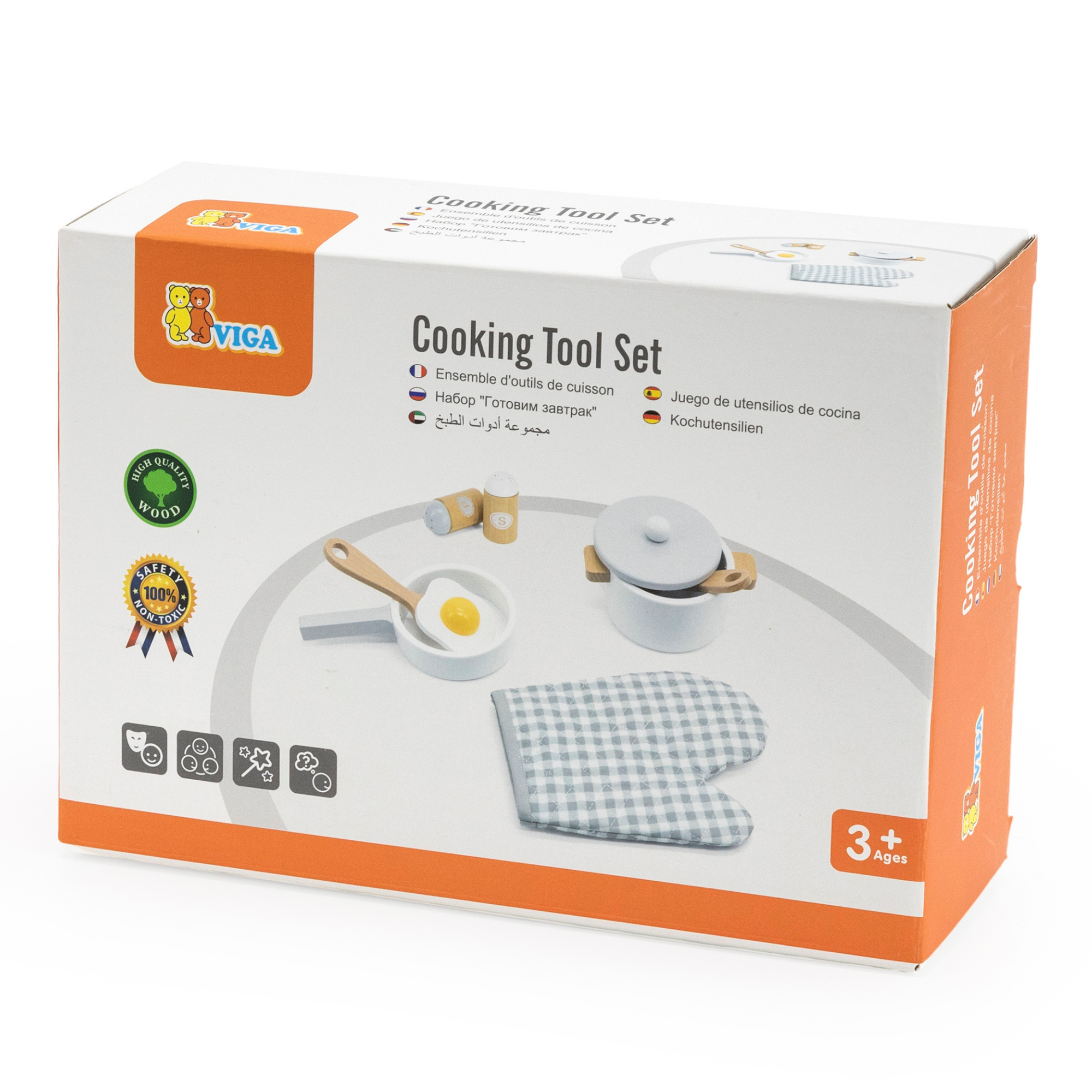 VIGA Wooden Cooking Tool Set - Grey for Kids Ages 3 and Up  Roleplay Kitchen Accessories for Early Learning and Creative Play