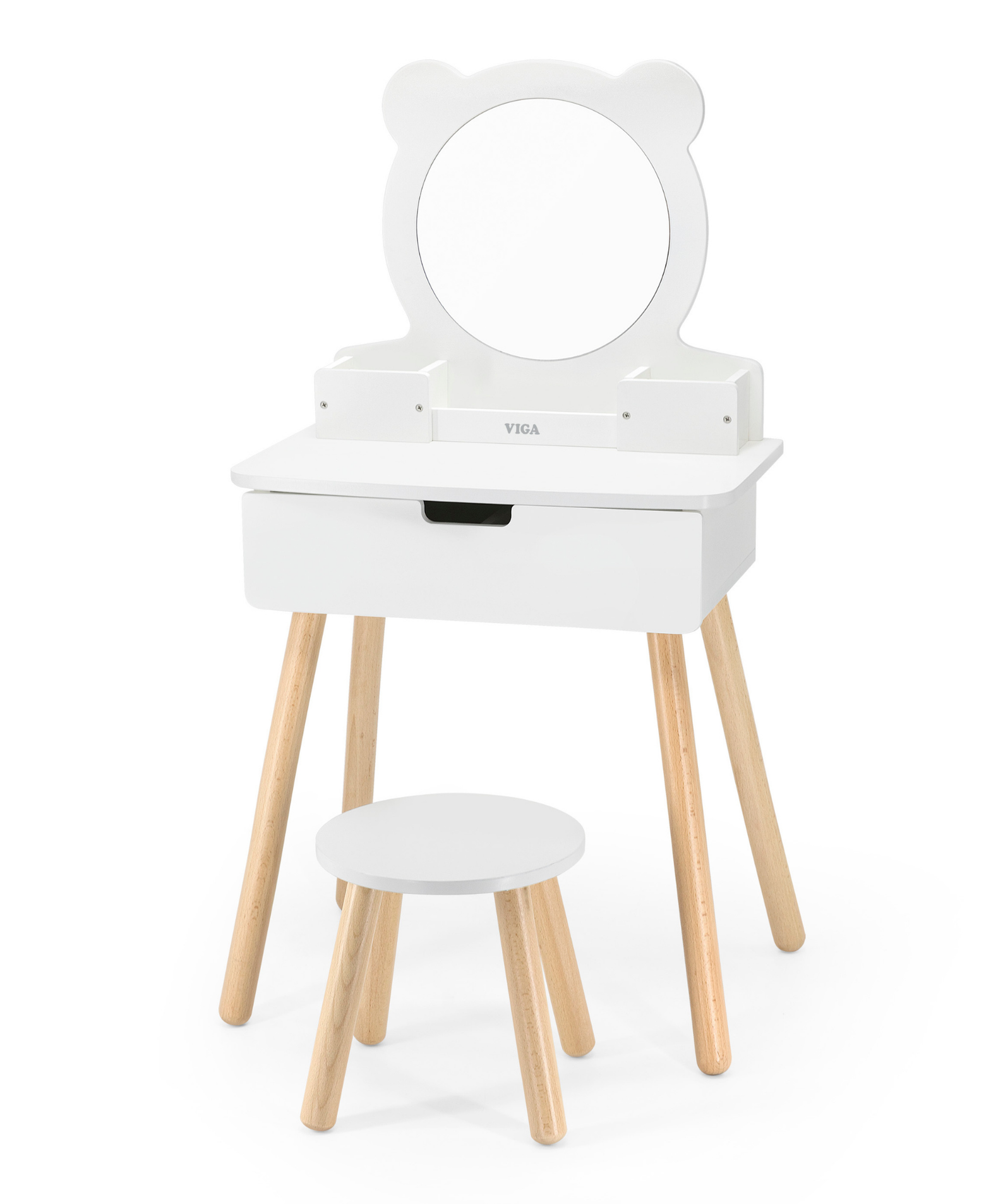 VIGA Wooden Dressing Table for Kids Aged 3 and Up  Includes Chair, Mirror, and Storage Drawer  Pretend Play Vanity for Creative Roleplay