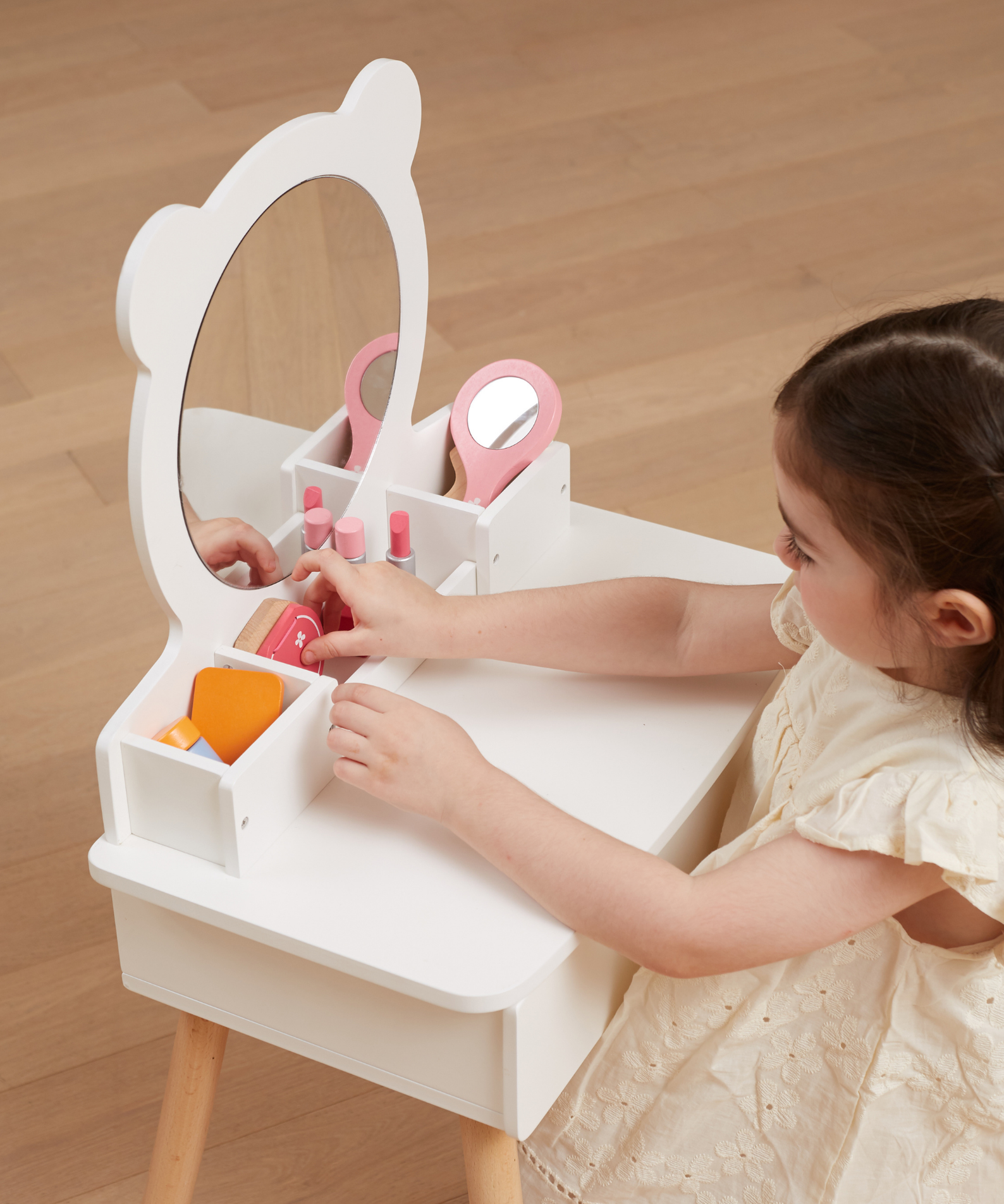 VIGA Wooden Dressing Table for Kids Aged 3 and Up  Includes Chair, Mirror, and Storage Drawer  Pretend Play Vanity for Creative Roleplay