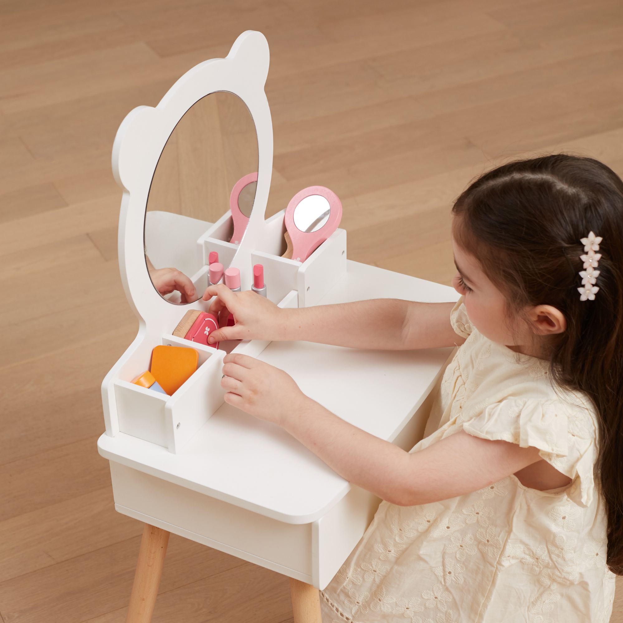 VIGA Wooden Dressing Table for Kids Aged 3 and Up  Includes Chair, Mirror, and Storage Drawer  Pretend Play Vanity for Creative Roleplay