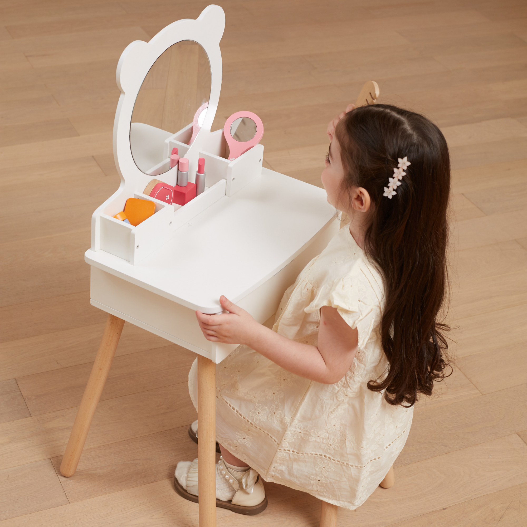 VIGA Wooden Dressing Table for Kids Aged 3 and Up  Includes Chair, Mirror, and Storage Drawer  Pretend Play Vanity for Creative Roleplay