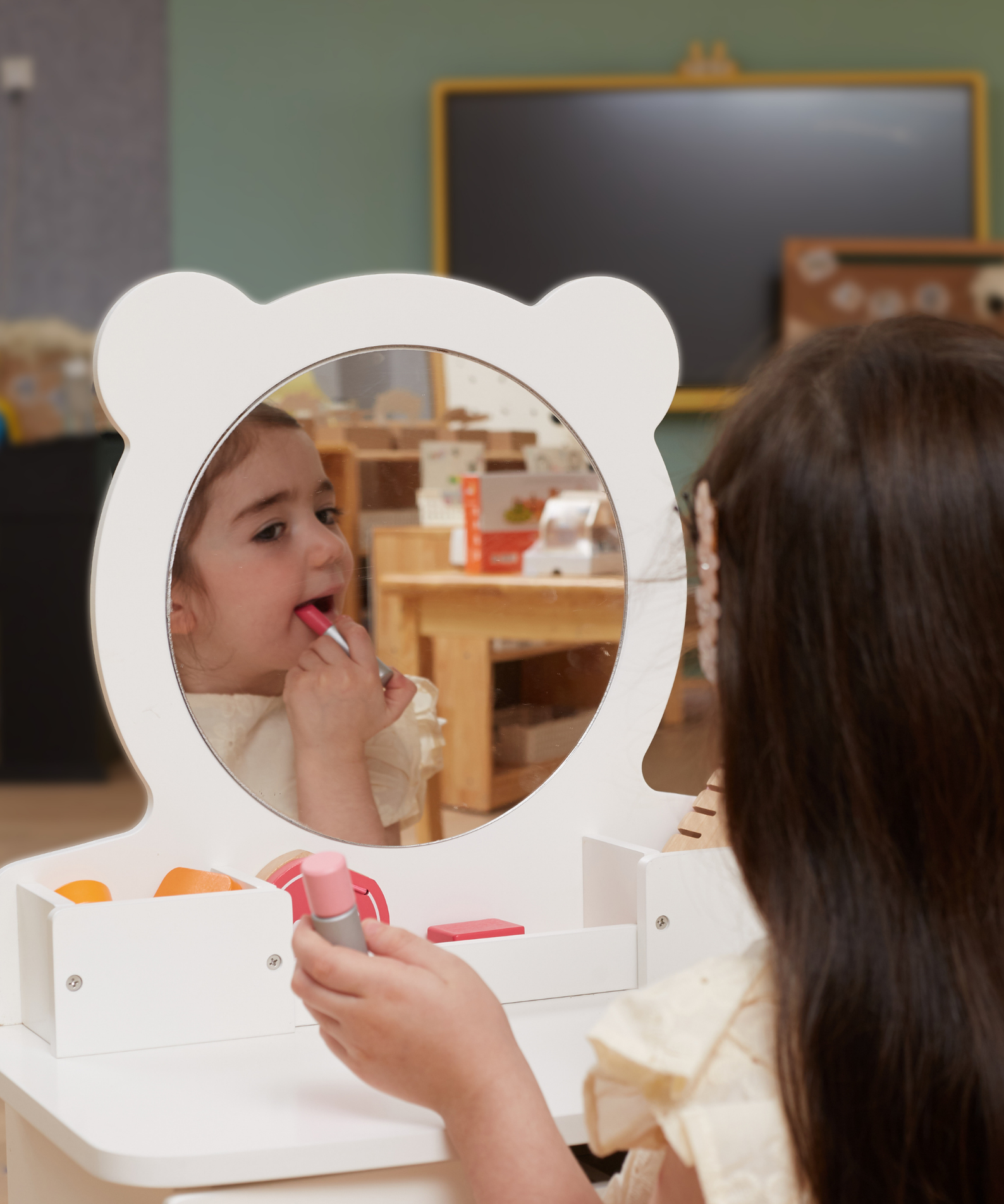 VIGA Wooden Dressing Table for Kids Aged 3 and Up  Includes Chair, Mirror, and Storage Drawer  Pretend Play Vanity for Creative Roleplay