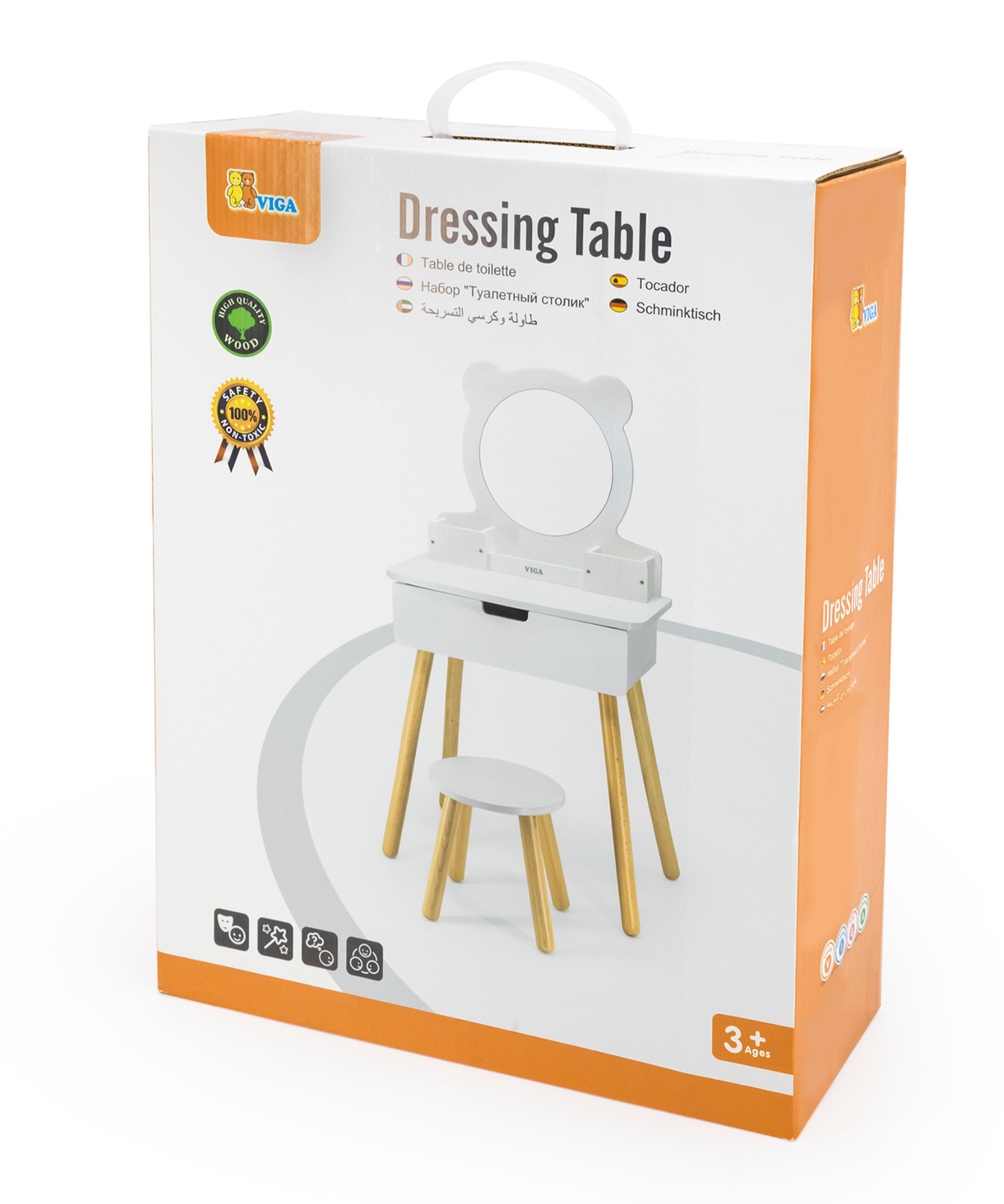 VIGA Wooden Dressing Table for Kids Aged 3 and Up  Includes Chair, Mirror, and Storage Drawer  Pretend Play Vanity for Creative Roleplay