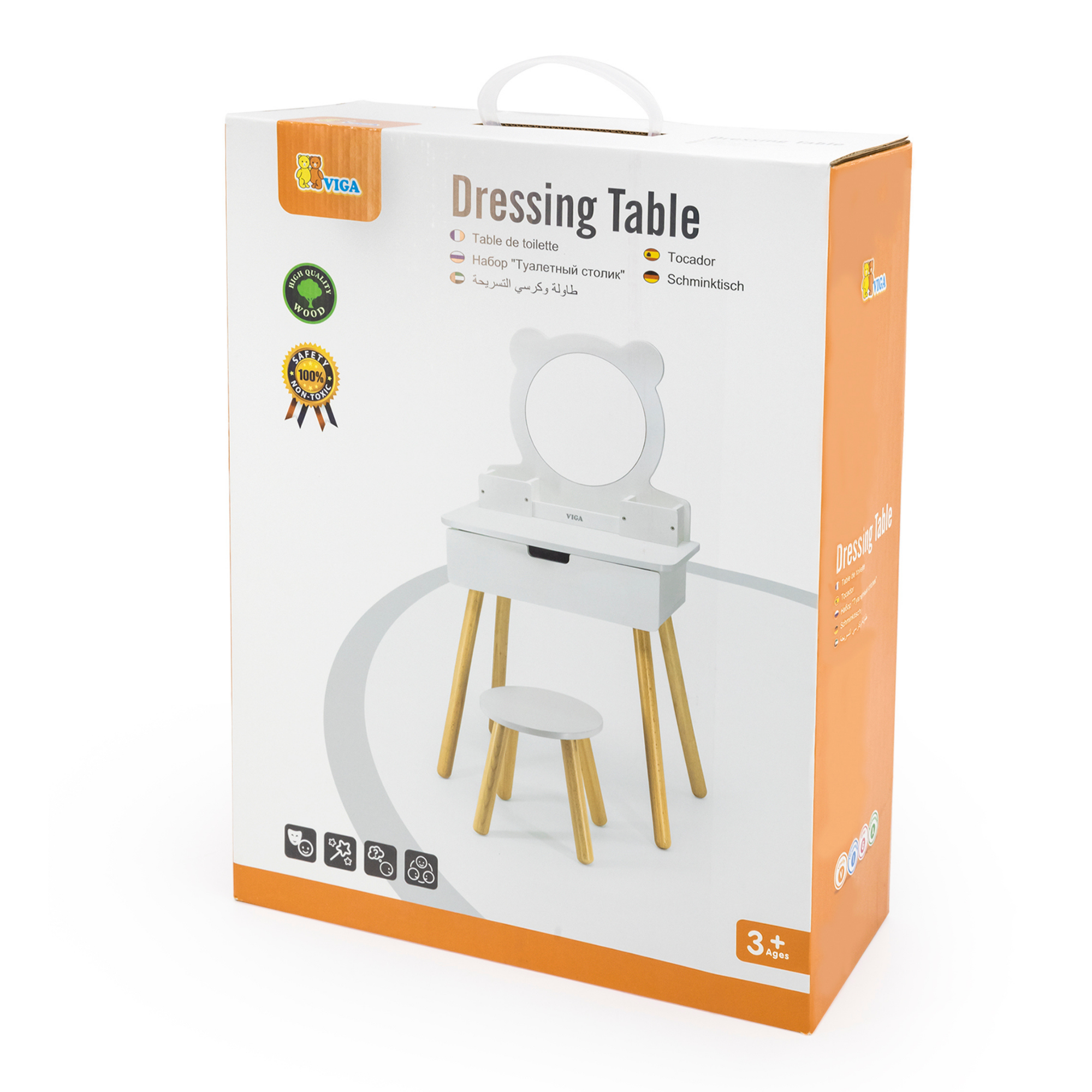 VIGA Wooden Dressing Table for Kids Aged 3 and Up  Includes Chair, Mirror, and Storage Drawer  Pretend Play Vanity for Creative Roleplay