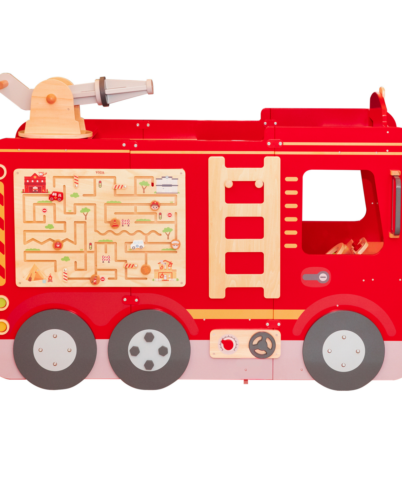VIGA Super Fire Engine Wooden Toy for Kids Ages 3 and Up  Interactive Firefighter Playset with Sound, Moving Parts, and Educational Features