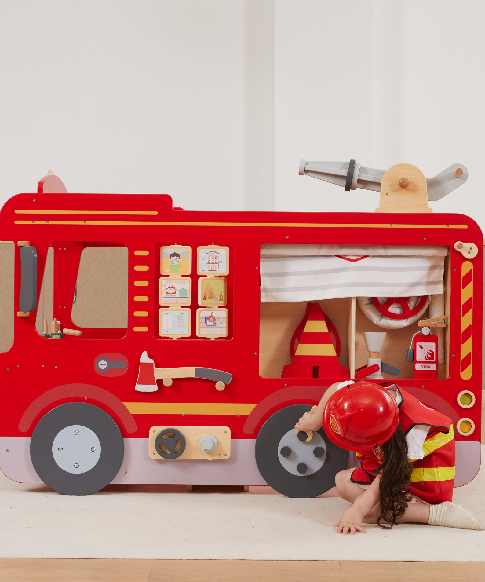 VIGA Super Fire Engine Wooden Toy for Kids Ages 3 and Up  Interactive Firefighter Playset with Sound, Moving Parts, and Educational Features