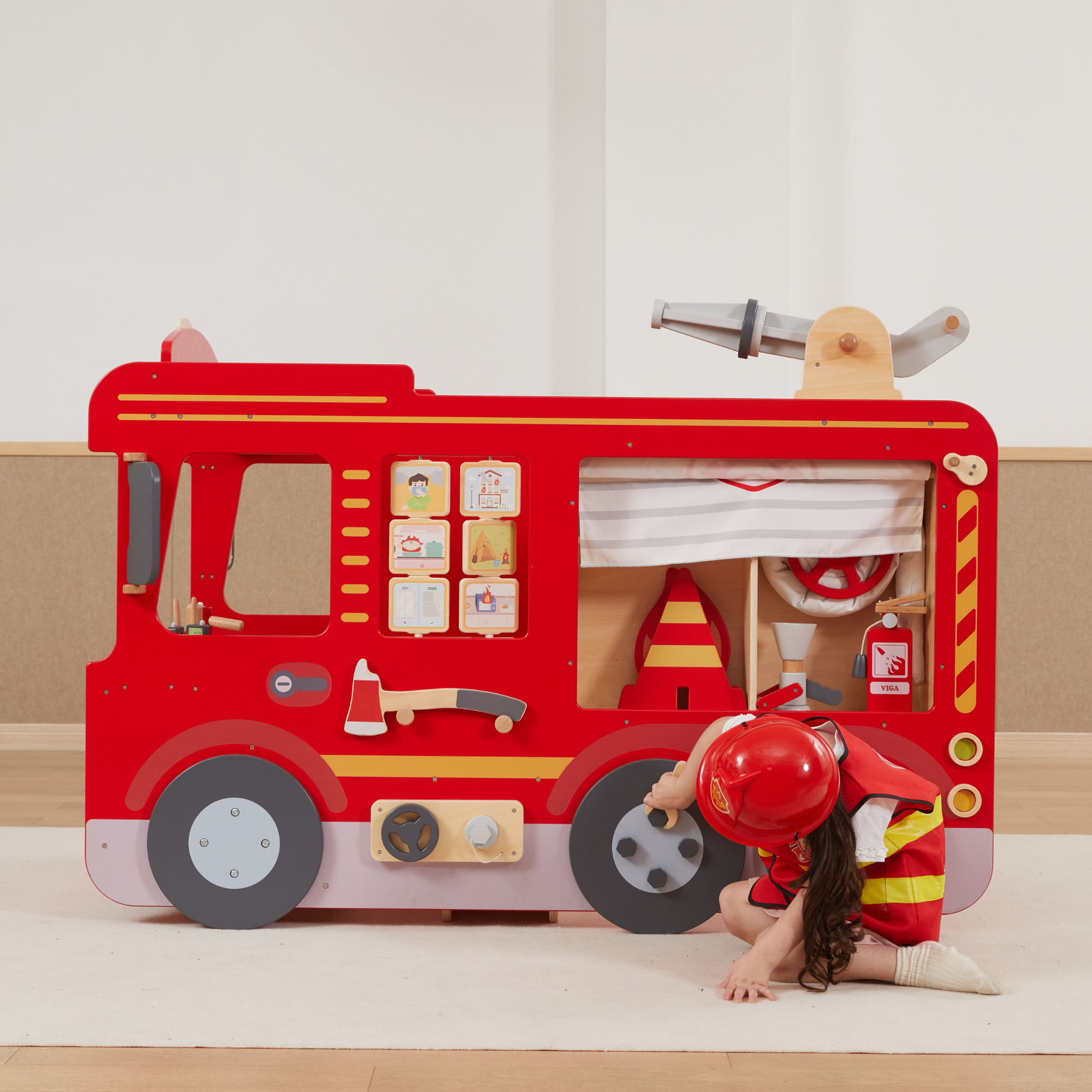 VIGA Super Fire Engine Wooden Toy for Kids Ages 3 and Up  Interactive Firefighter Playset with Sound, Moving Parts, and Educational Features