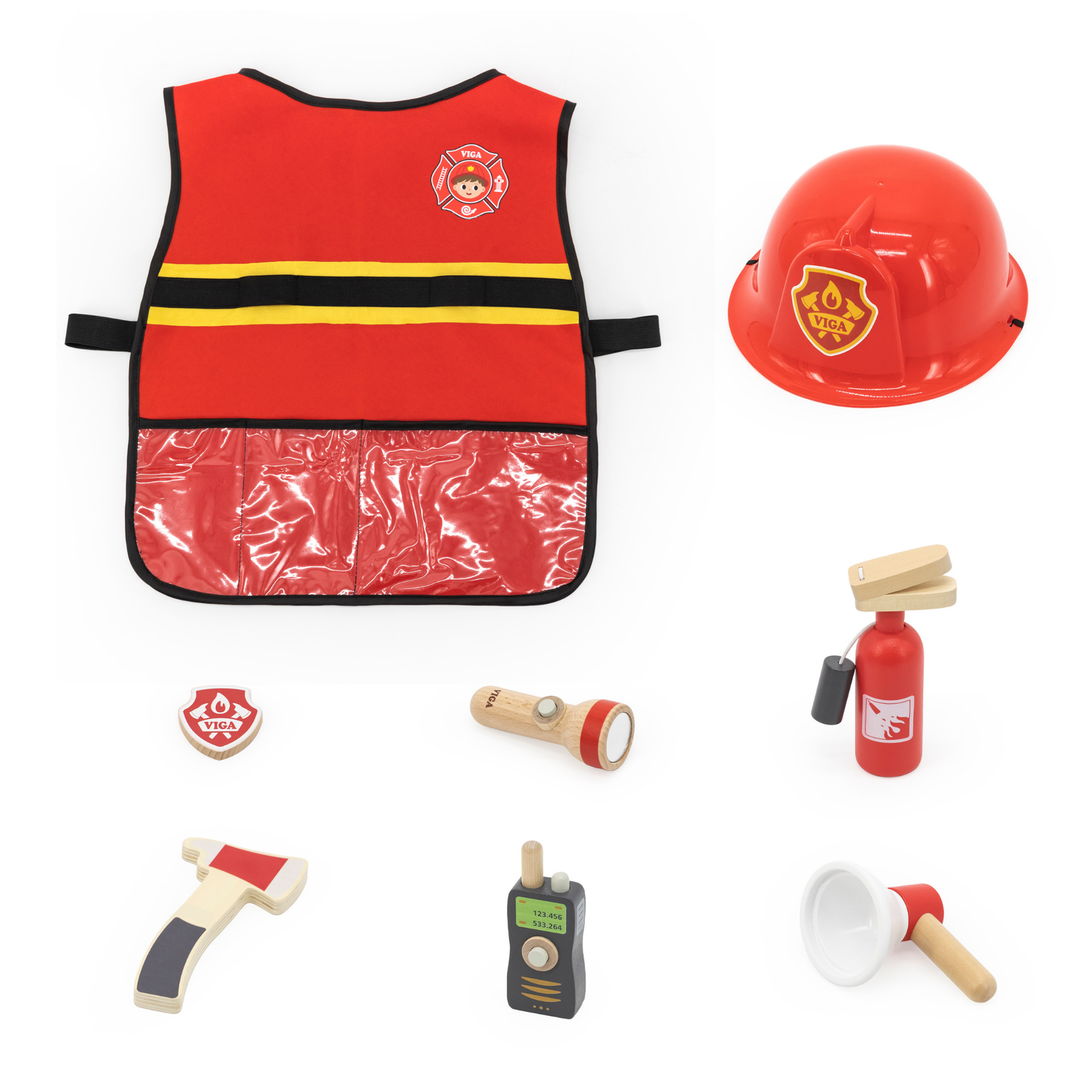 VIGA Firefighter Role Play Set for Kids Aged 3 and Up  8-Piece Pretend Play Costume with Helmet, Vest, Fire Extinguisher, Axe, and Accessories