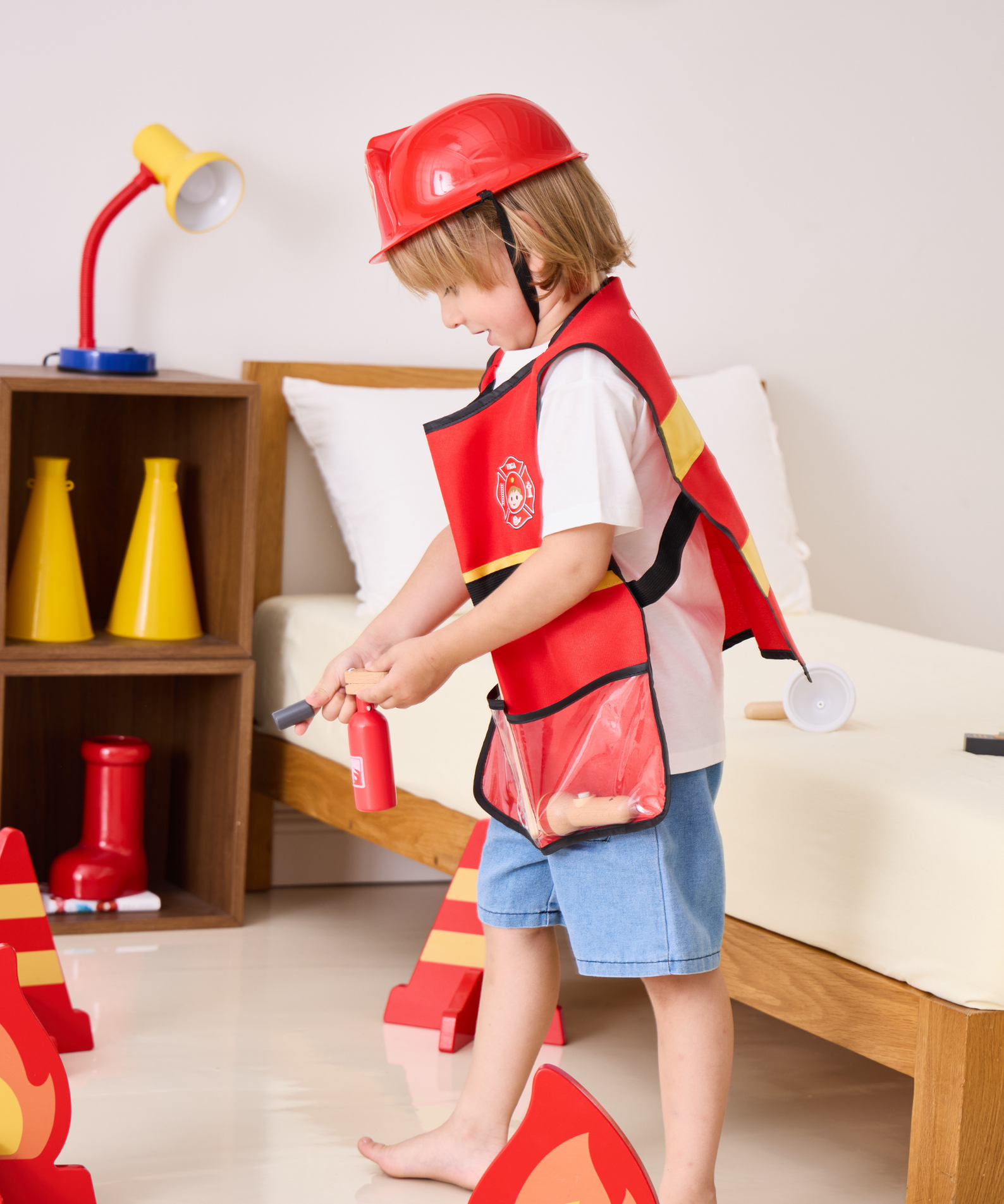 VIGA Firefighter Role Play Set for Kids Aged 3 and Up  8-Piece Pretend Play Costume with Helmet, Vest, Fire Extinguisher, Axe, and Accessories