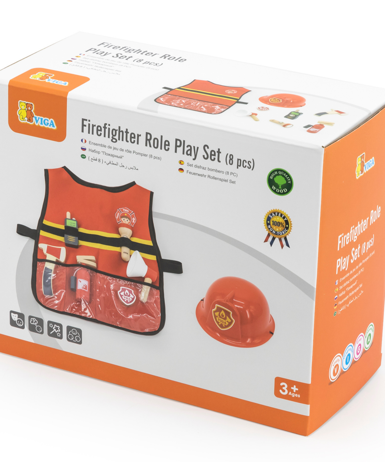 VIGA Firefighter Role Play Set for Kids Aged 3 and Up  8-Piece Pretend Play Costume with Helmet, Vest, Fire Extinguisher, Axe, and Accessories