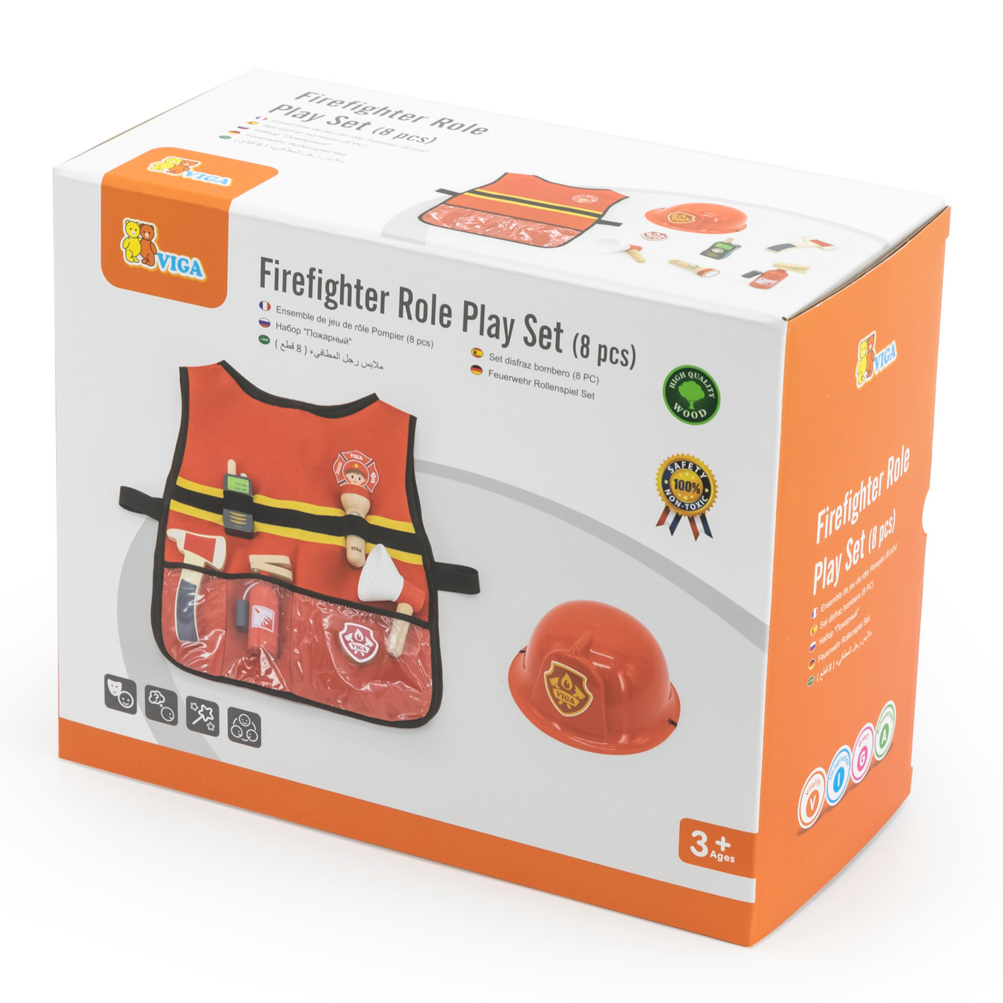 VIGA Firefighter Role Play Set for Kids Aged 3 and Up  8-Piece Pretend Play Costume with Helmet, Vest, Fire Extinguisher, Axe, and Accessories