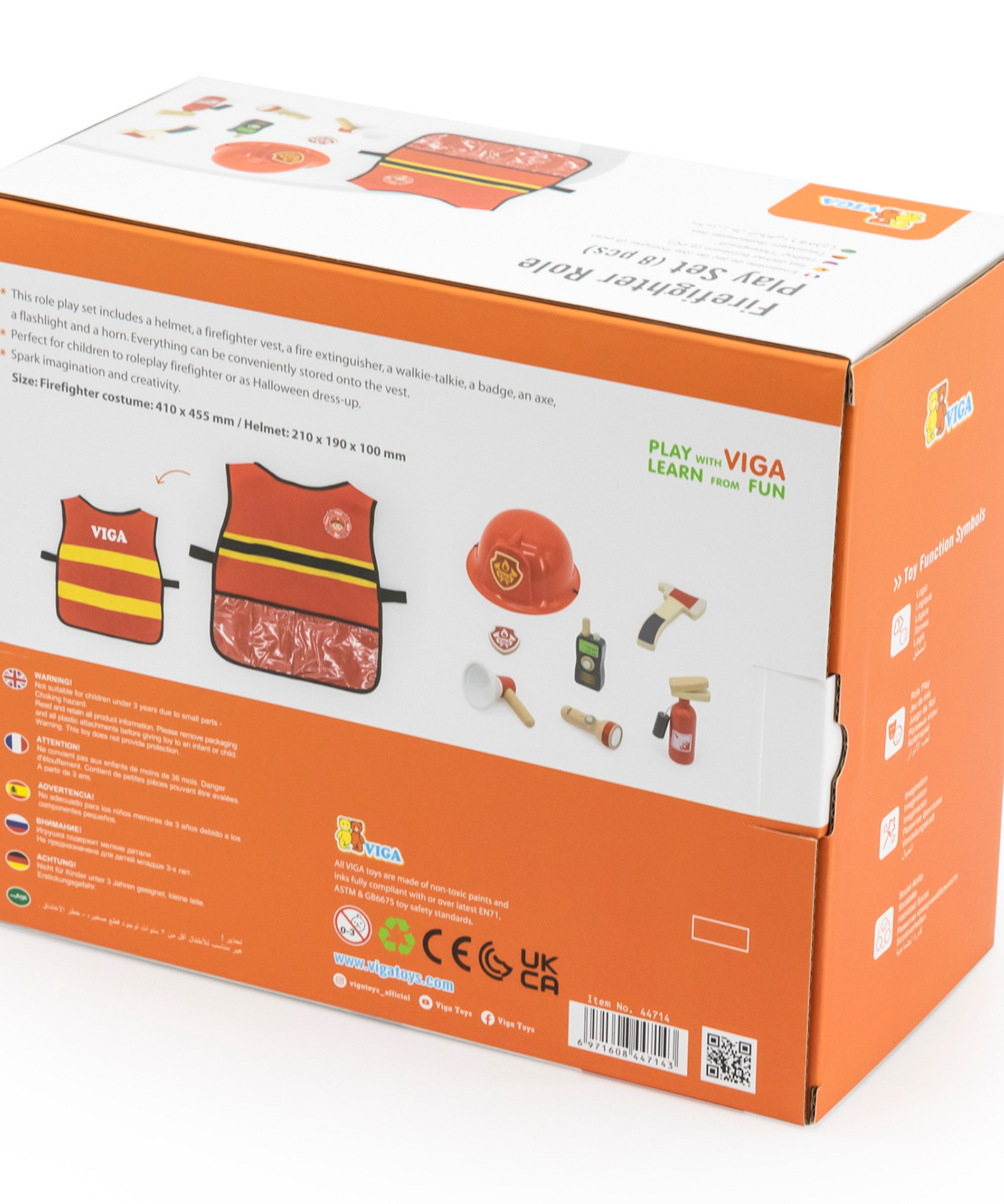 VIGA Firefighter Role Play Set for Kids Aged 3 and Up  8-Piece Pretend Play Costume with Helmet, Vest, Fire Extinguisher, Axe, and Accessories