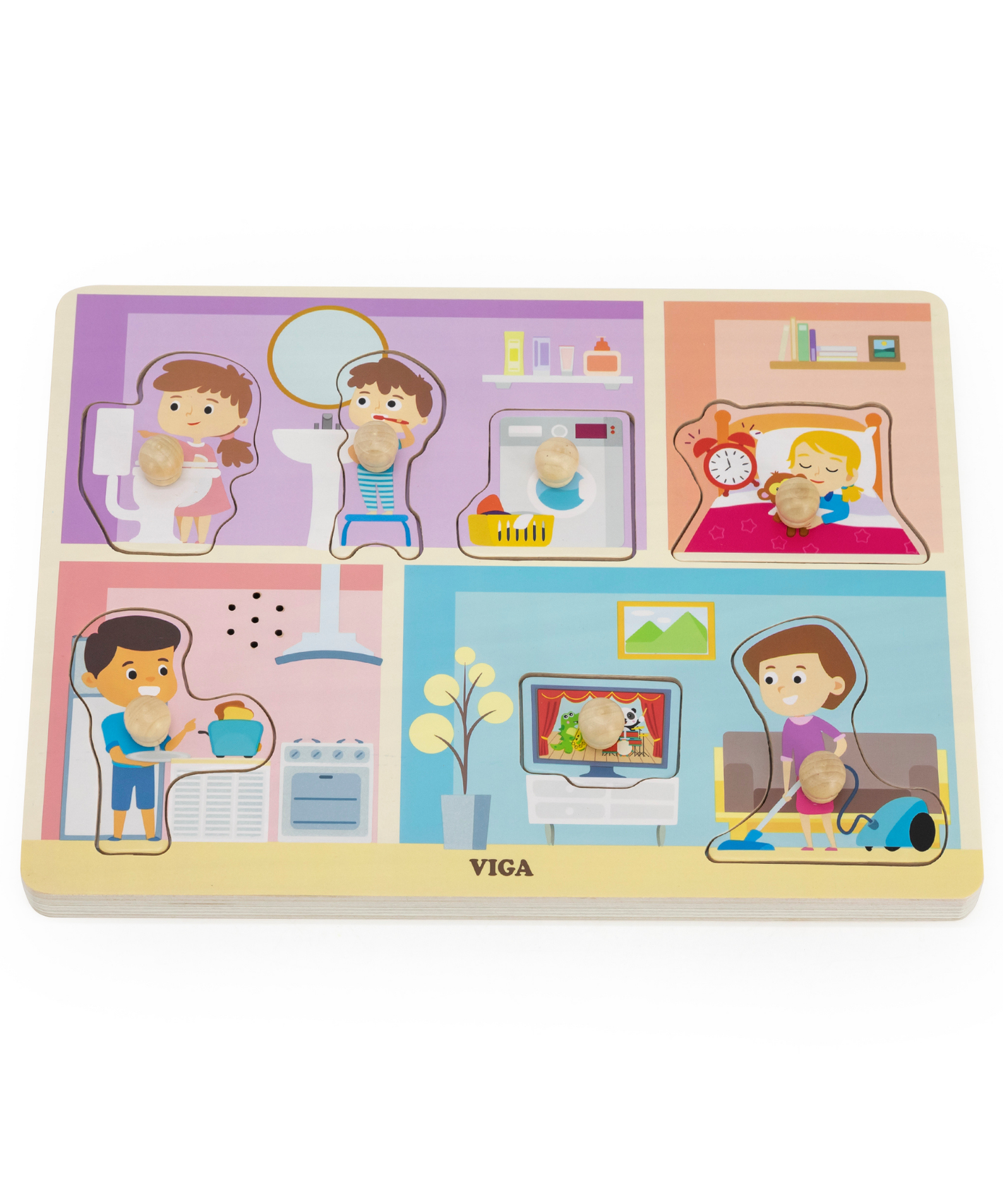 Viga Around the House, 7 Piece Knob Puzzle with Sound, Montessori Wooden Toy, Develops Sensory, Cognitive & Fine Motor Skills, Non-Toxic & Eco-friendly Kids Educational Toy, for Boys & Girls 18M+