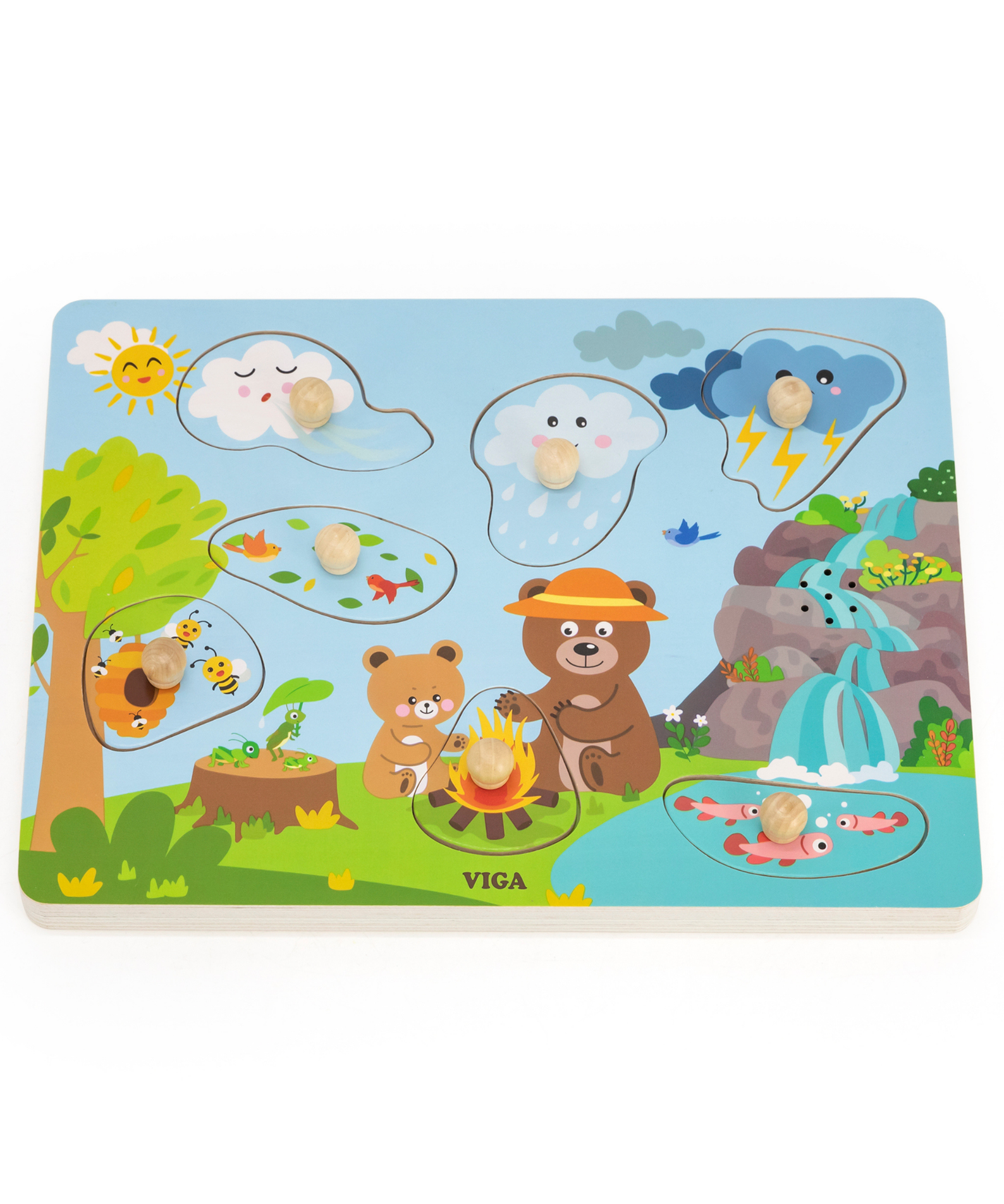 Viga Nature, 7 Piece Knob Puzzle with Sound, Montessori Wooden Toy, Develops Sensory, Cognitive & Fine Motor Skills, Non-Toxic & Eco-friendly Kids Educational Toy, Suitable for Children Aged 18M+