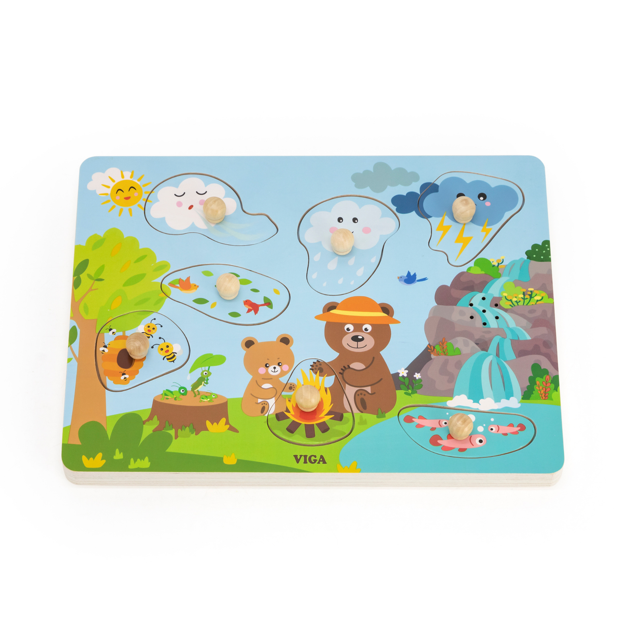 Viga Nature, 7 Piece Knob Puzzle with Sound, Montessori Wooden Toy, Develops Sensory, Cognitive & Fine Motor Skills, Non-Toxic & Eco-friendly Kids Educational Toy, Suitable for Children Aged 18M+