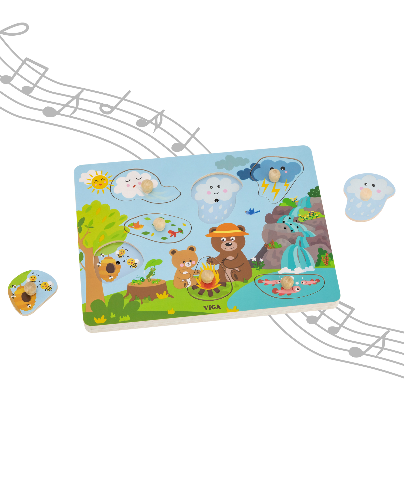 Viga Nature, 7 Piece Knob Puzzle with Sound, Montessori Wooden Toy, Develops Sensory, Cognitive & Fine Motor Skills, Non-Toxic & Eco-friendly Kids Educational Toy, Suitable for Children Aged 18M+