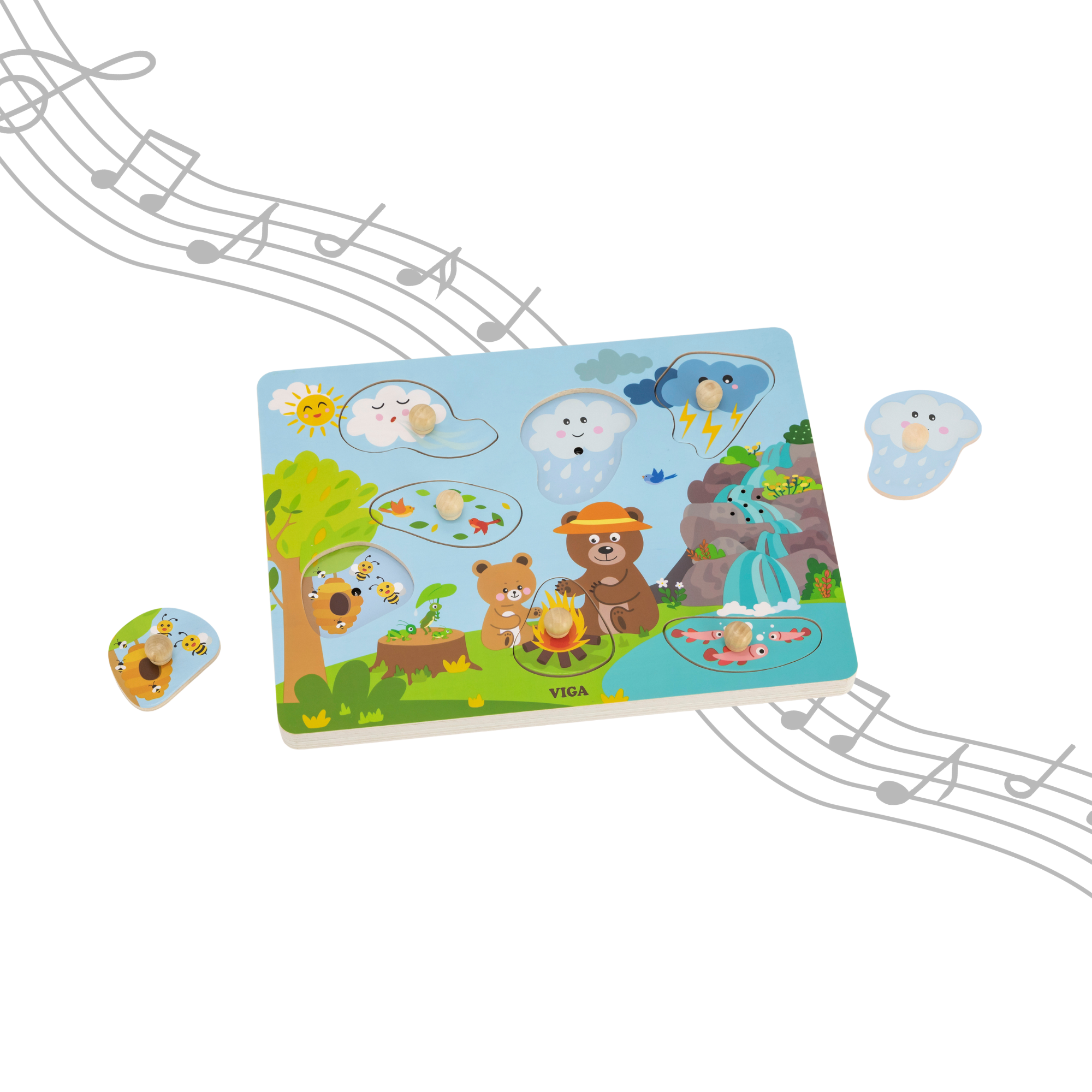 Viga Nature, 7 Piece Knob Puzzle with Sound, Montessori Wooden Toy, Develops Sensory, Cognitive & Fine Motor Skills, Non-Toxic & Eco-friendly Kids Educational Toy, Suitable for Children Aged 18M+