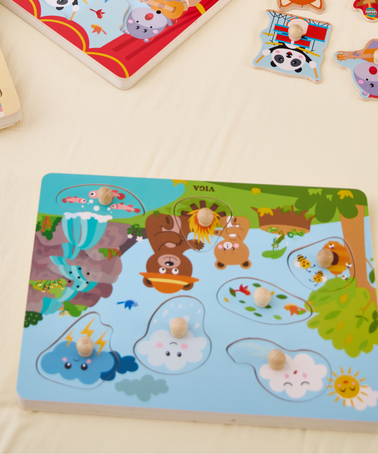 Viga Nature, 7 Piece Knob Puzzle with Sound, Montessori Wooden Toy, Develops Sensory, Cognitive & Fine Motor Skills, Non-Toxic & Eco-friendly Kids Educational Toy, Suitable for Children Aged 18M+