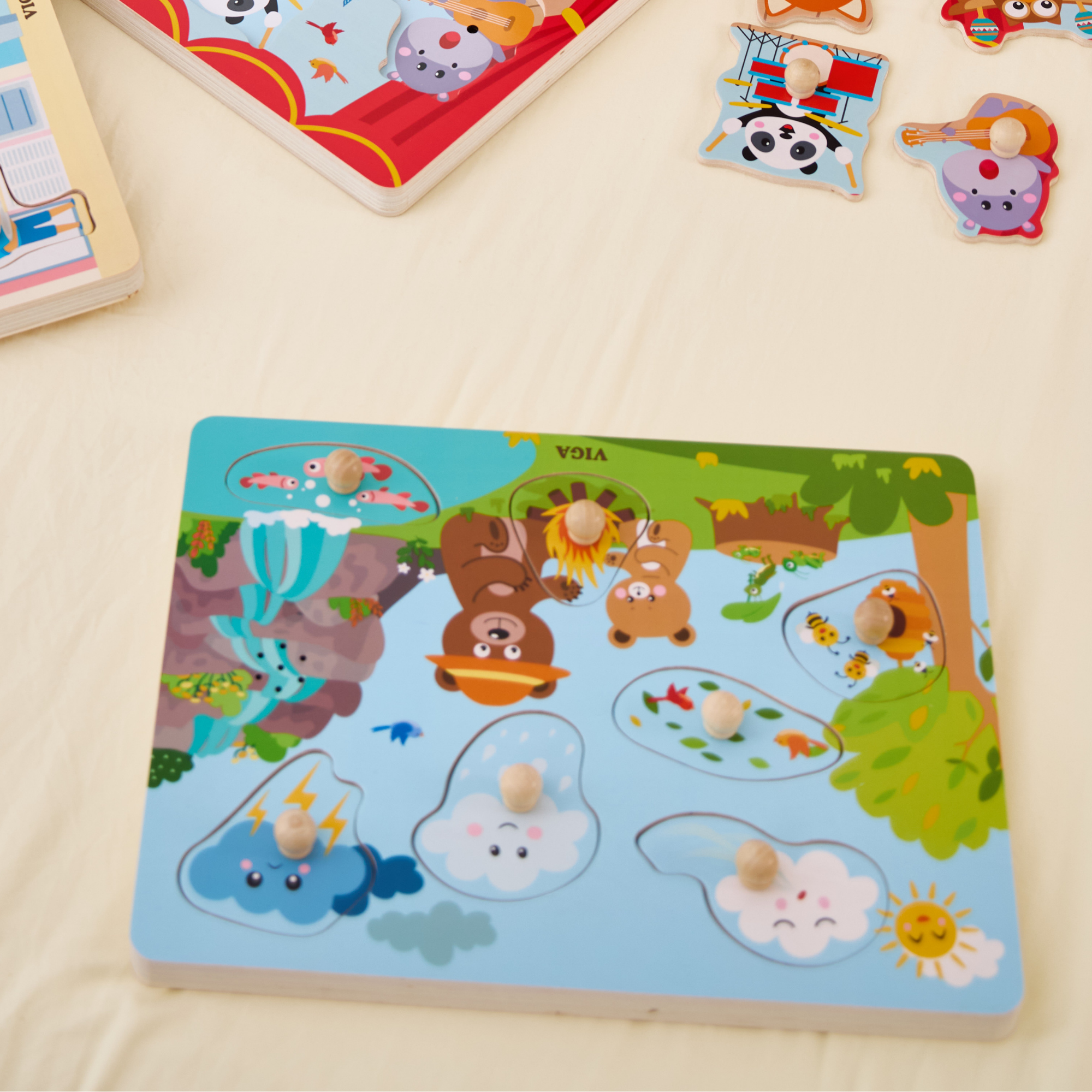 Viga Nature, 7 Piece Knob Puzzle with Sound, Montessori Wooden Toy, Develops Sensory, Cognitive & Fine Motor Skills, Non-Toxic & Eco-friendly Kids Educational Toy, Suitable for Children Aged 18M+