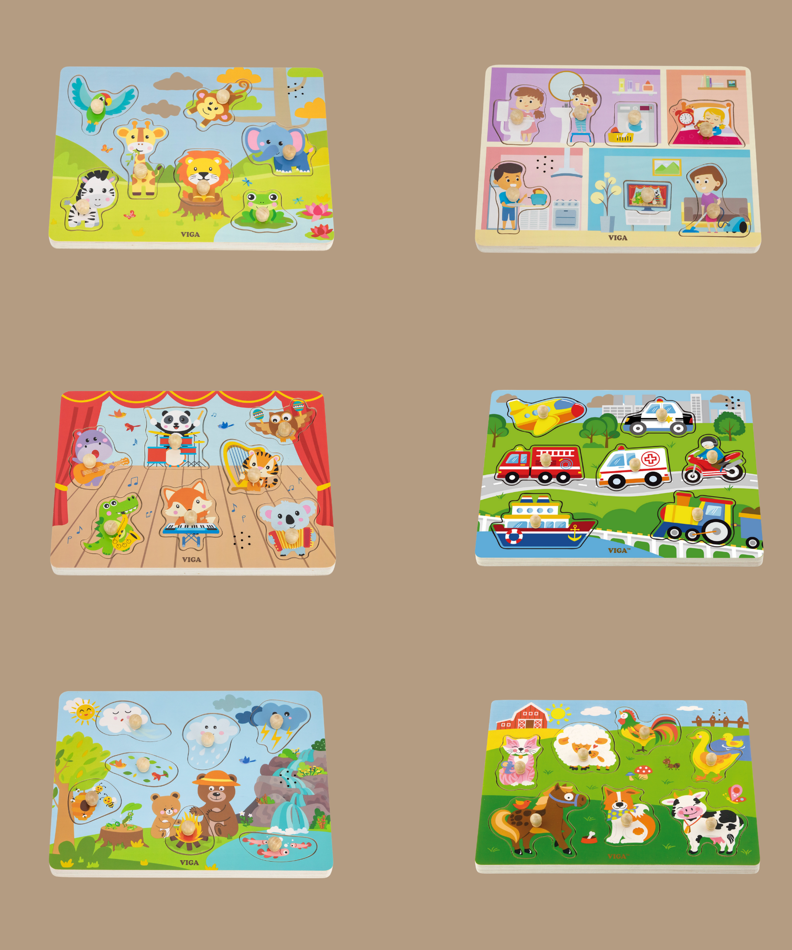 Viga Nature, 7 Piece Knob Puzzle with Sound, Montessori Wooden Toy, Develops Sensory, Cognitive & Fine Motor Skills, Non-Toxic & Eco-friendly Kids Educational Toy, Suitable for Children Aged 18M+